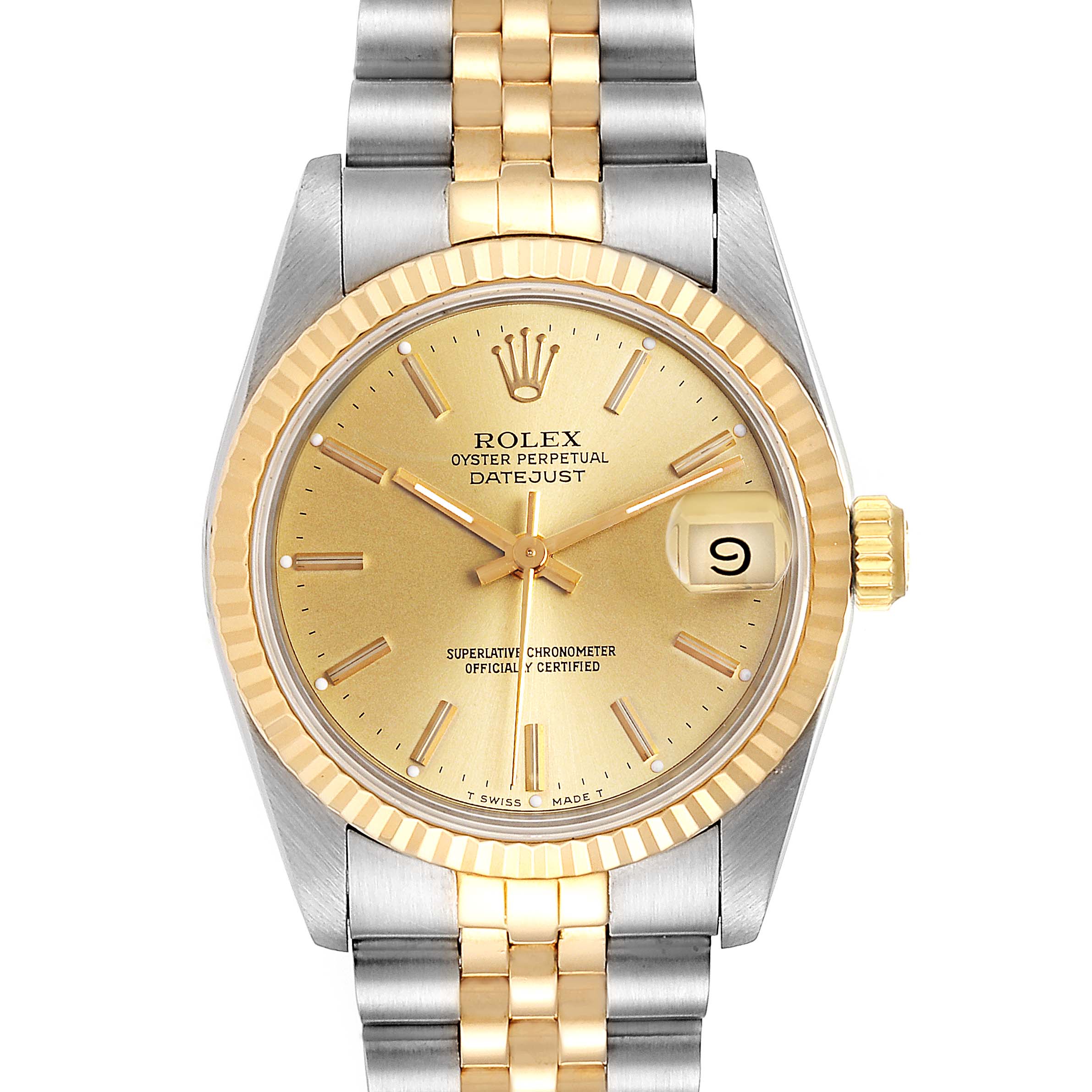 The image shows a front view of the Rolex Datejust Mid-Size watch, highlighting its gold dial, two-tone bracelet, and date window at 3 o
clock.