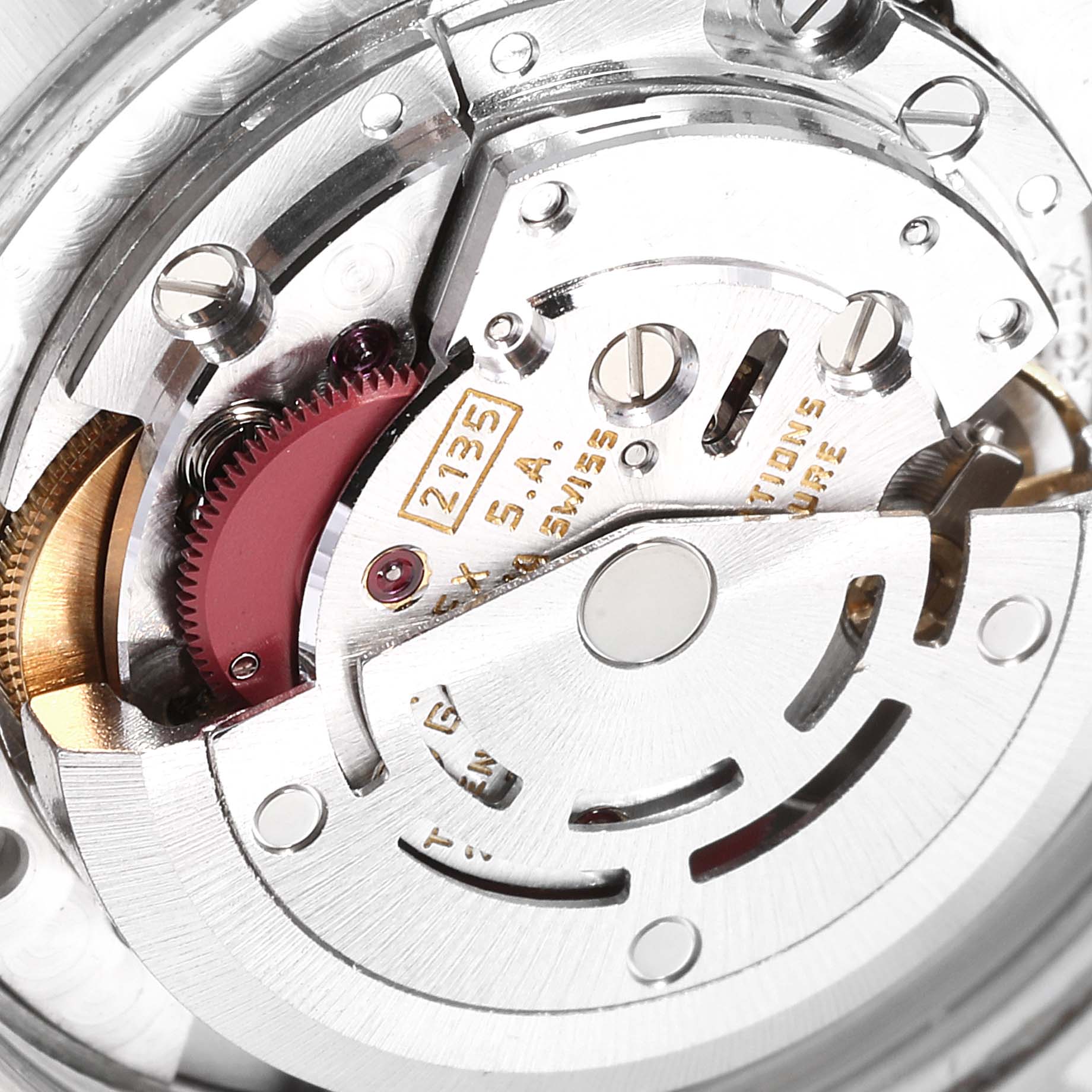 This image shows the intricate internal mechanism of a Rolex Mid-Size 68273 Women
s Steel and Gold (two tone) Champagne Dial 68273 Women
s Steel and Gold (two tone) Champagne Dial watch, focusing on the movement components.