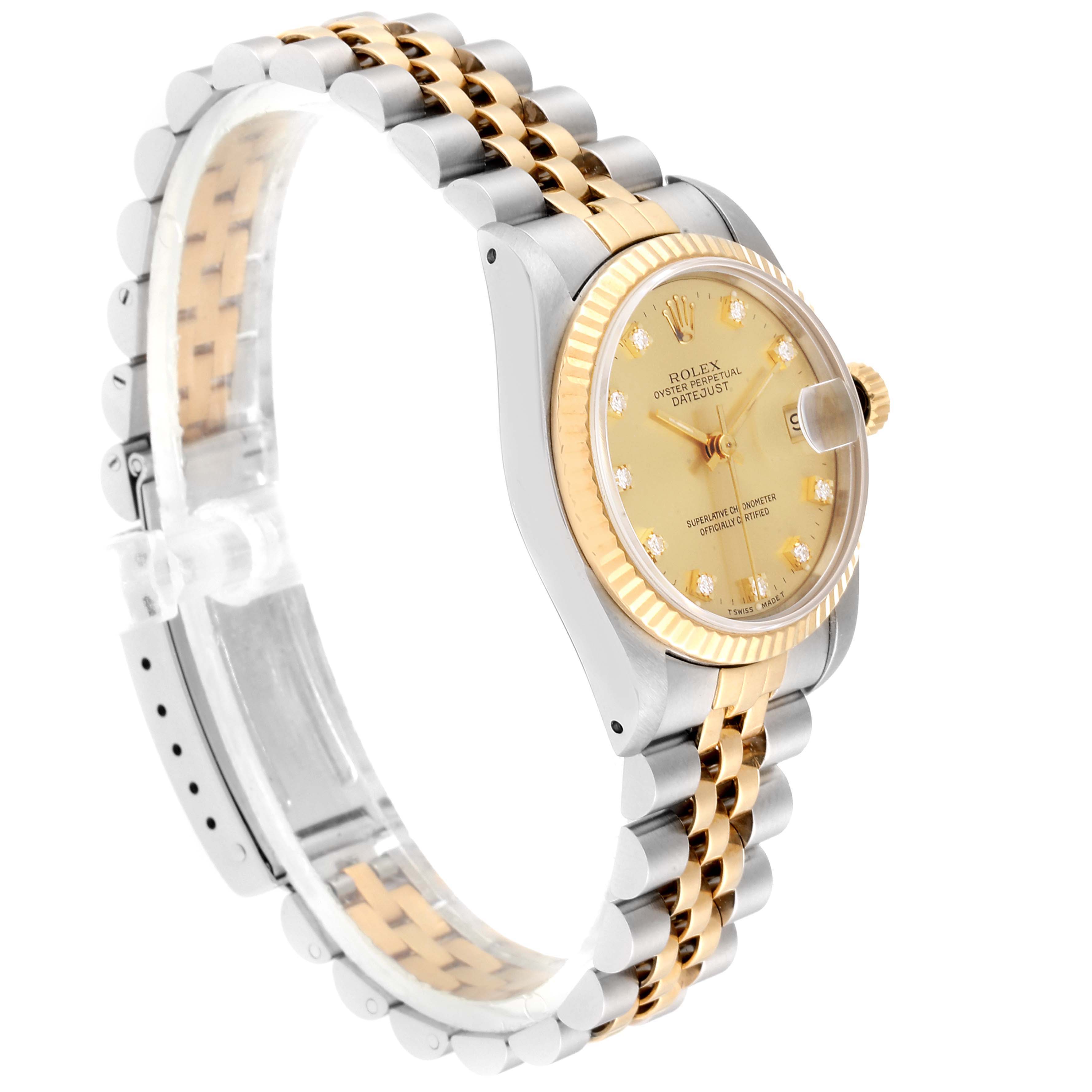 The image shows a Rolex Mid-Size 68273 Women's Steel and Gold (two tone) Champagne Dial 68273 Women's Steel and Gold (two tone) Champagne Dial Datejust watch at a three-quarter angle, highlighting the bezel, dial, and bracelet.