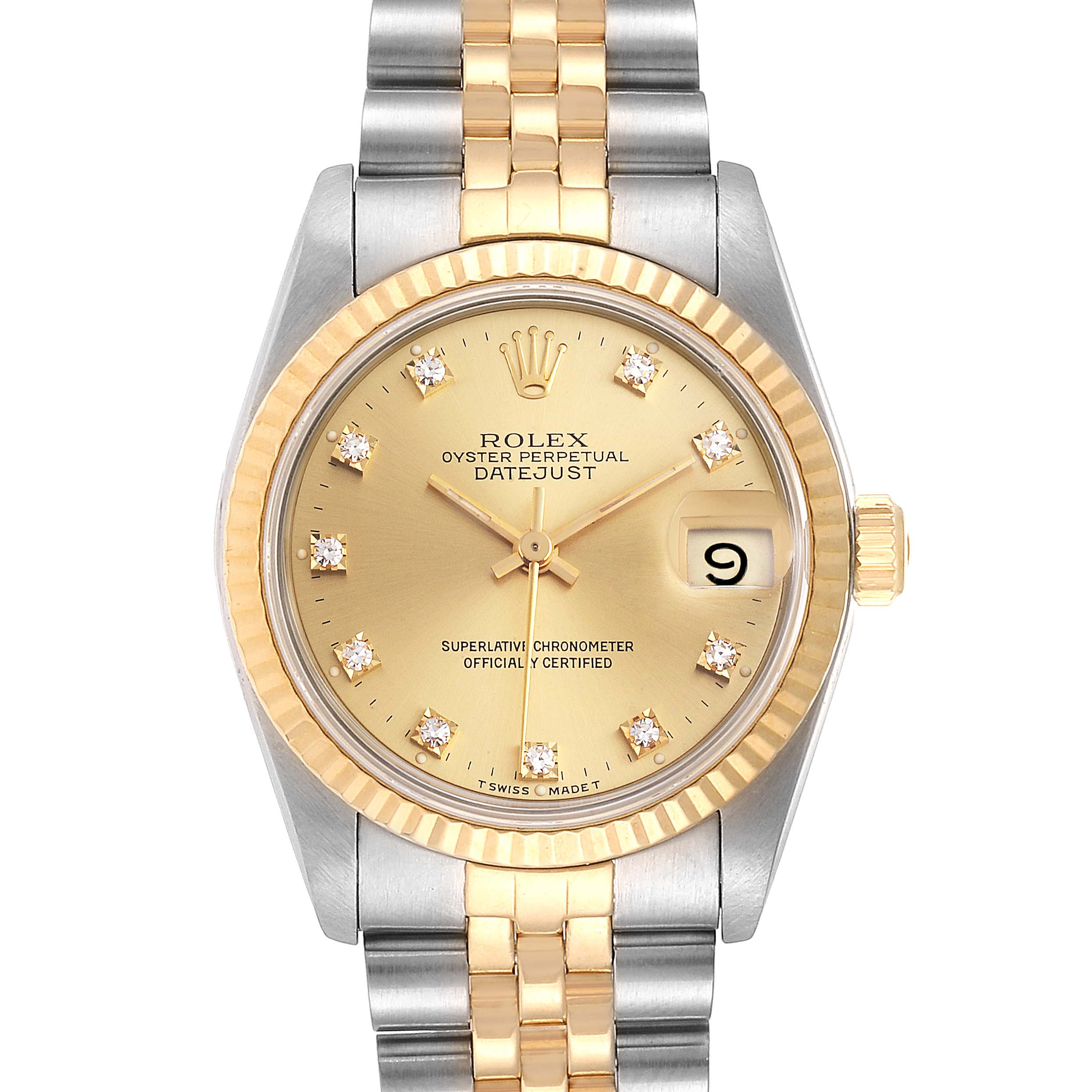 This Mid-Size Rolex Datejust watch is shown from the front, displaying its dial, bezel, bracelet, and crown.