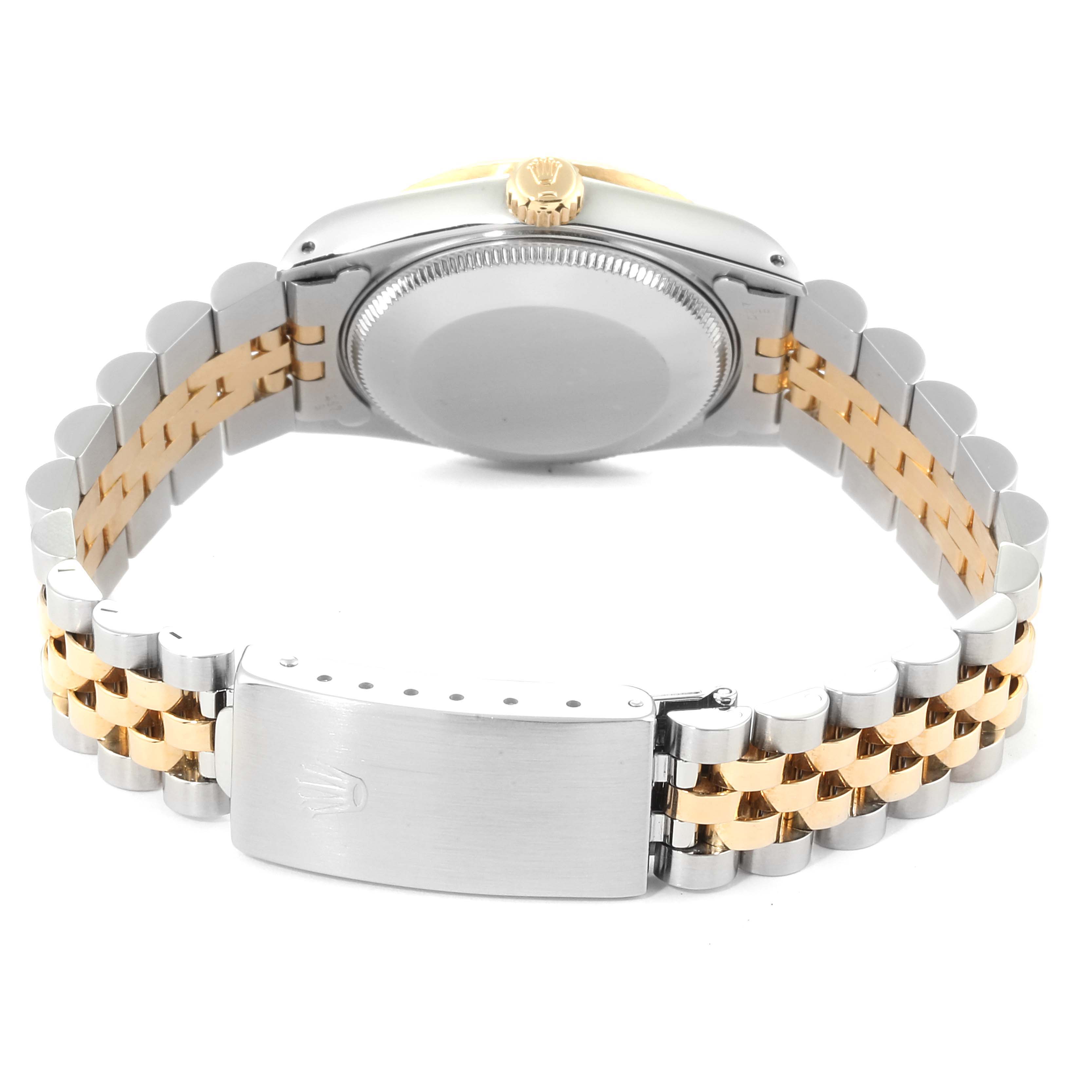 The image shows the back view of a Rolex Mid-Size 68273 Women's Steel and Gold (two tone) Champagne Dial 68273 Women's Steel and Gold (two tone) Champagne Dial model watch, highlighting the case back, crown, and two-tone bracelet with a clasp.