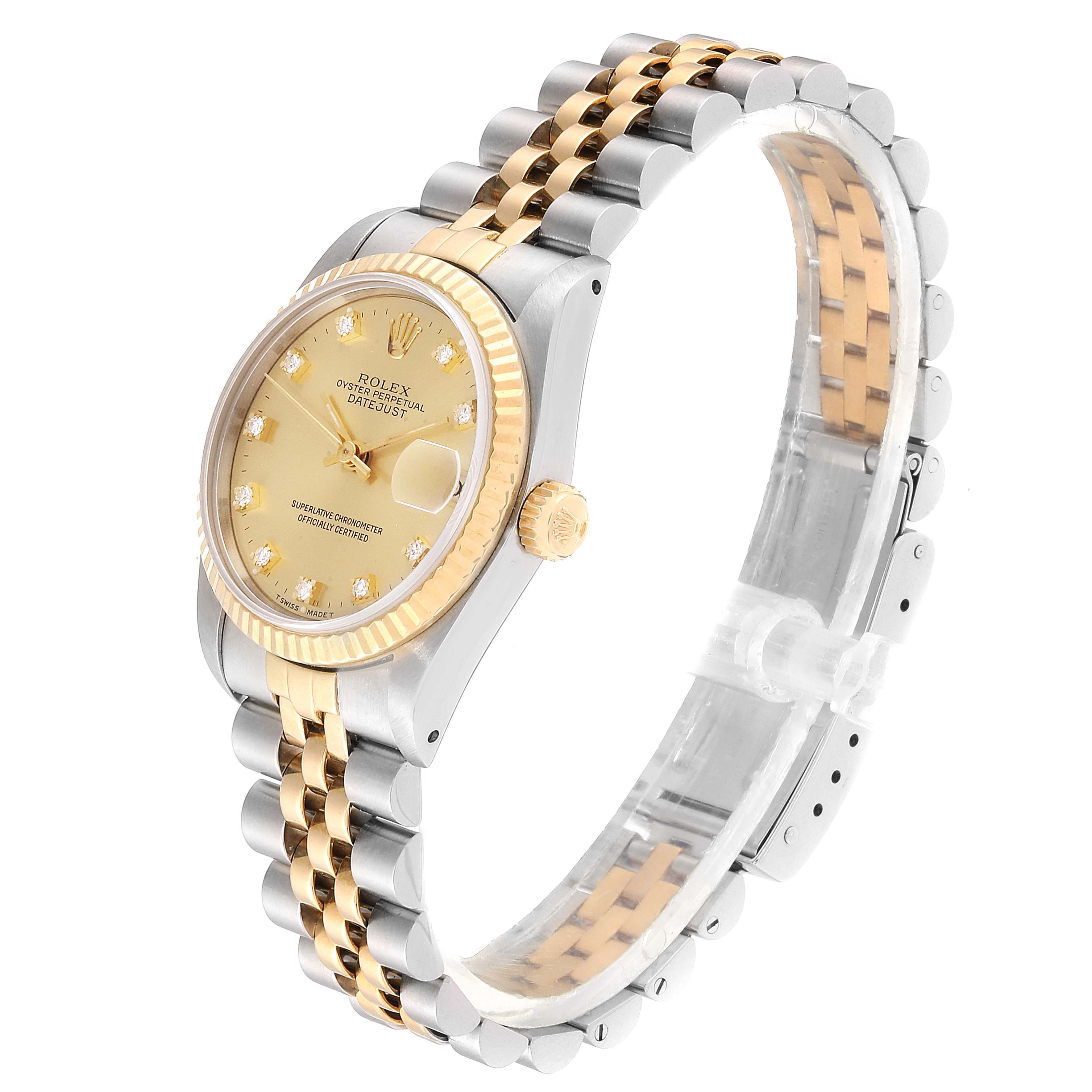 This image shows a side angle view of a Rolex Mid-Size 68273 Women's Steel and Gold (two tone) Champagne Dial 68273 Women's Steel and Gold (two tone) Champagne Dial Datejust with a two-tone band and a gold dial.