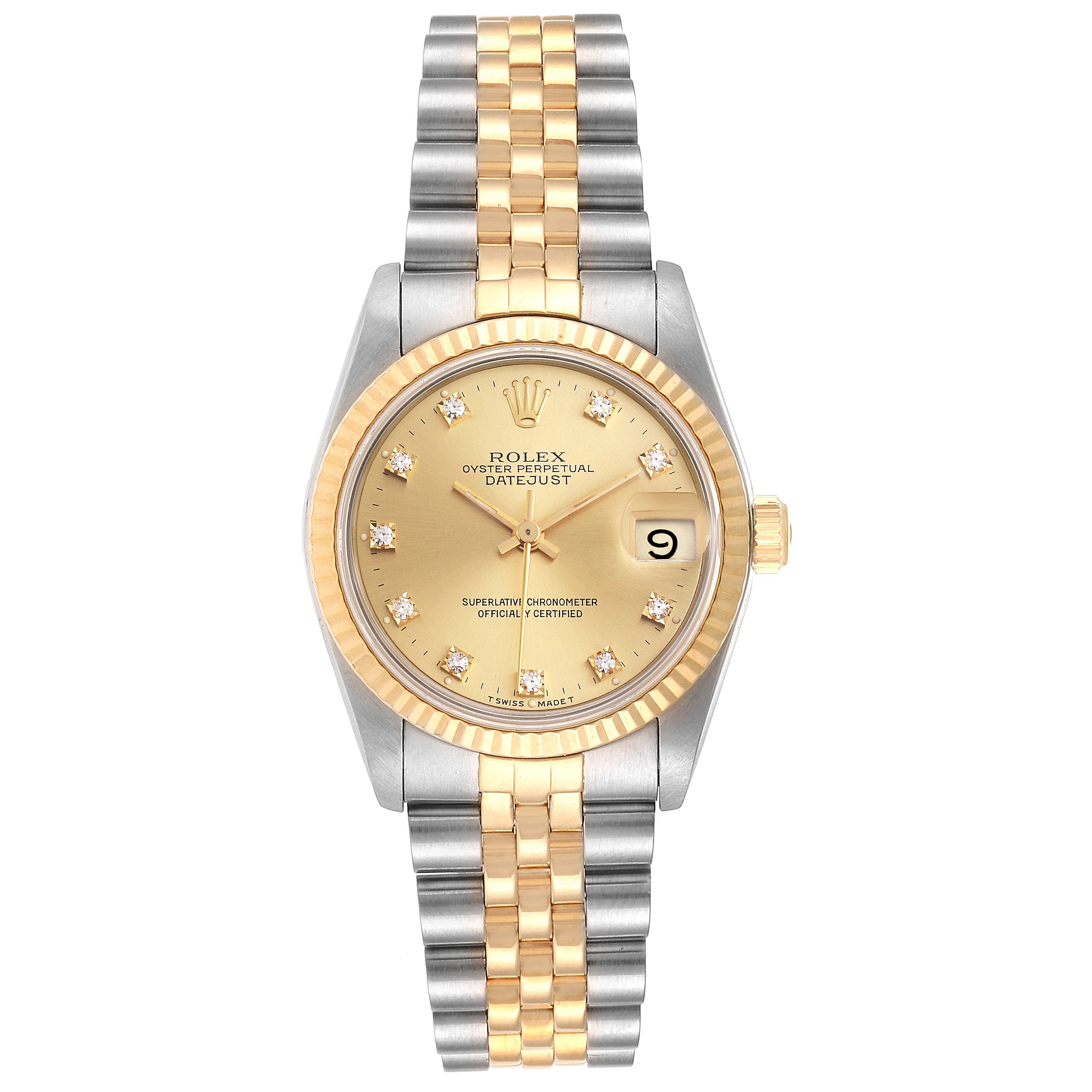 The Rolex Mid-Size 68273 Women's Steel and Gold (two tone) Champagne Dial 68273 Women's Steel and Gold (two tone) Champagne Dial Datejust watch is shown from the front, displaying its face, bracelet, and crown.