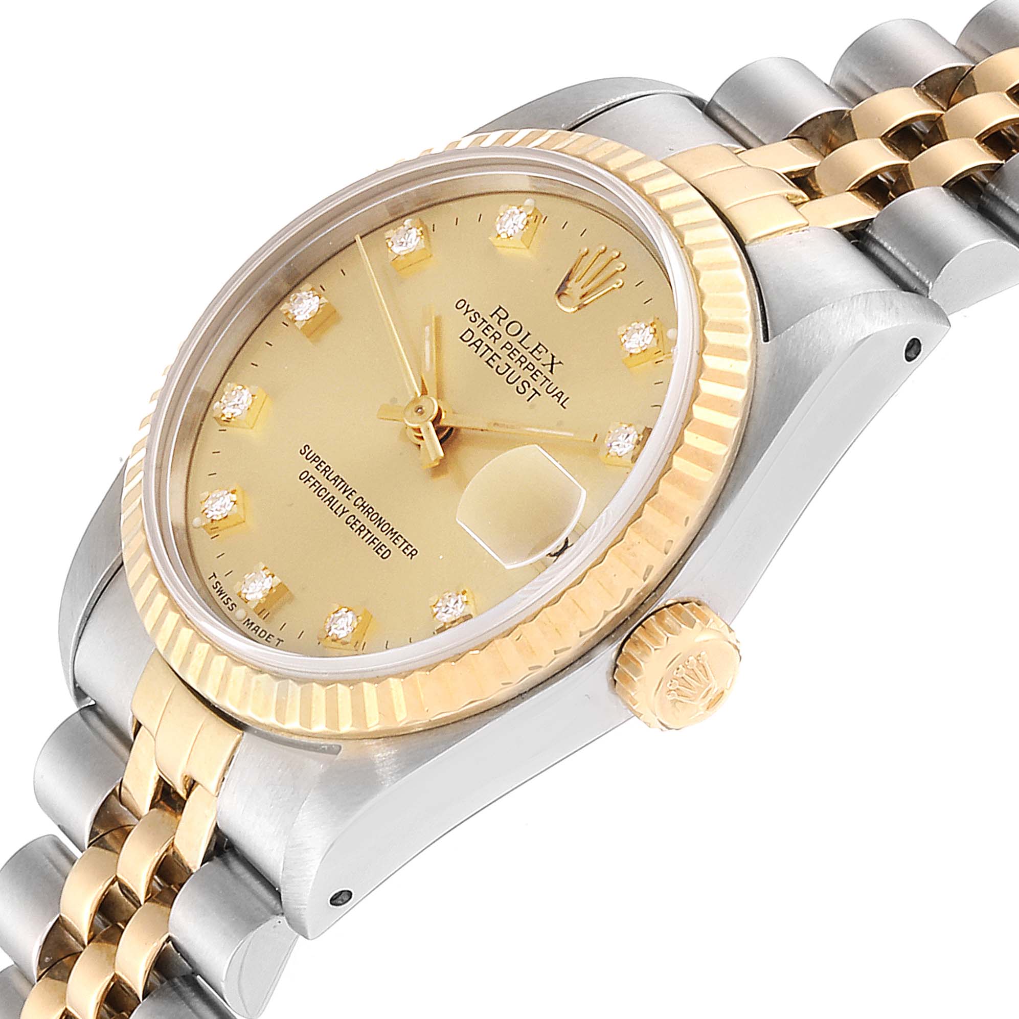 This image shows a side angle of a Rolex Mid-Size 68273 Women's Steel and Gold (two tone) Champagne Dial 68273 Women's Steel and Gold (two tone) Champagne Dial Datejust watch, focusing on the face, bezel, crown, and bracelet.