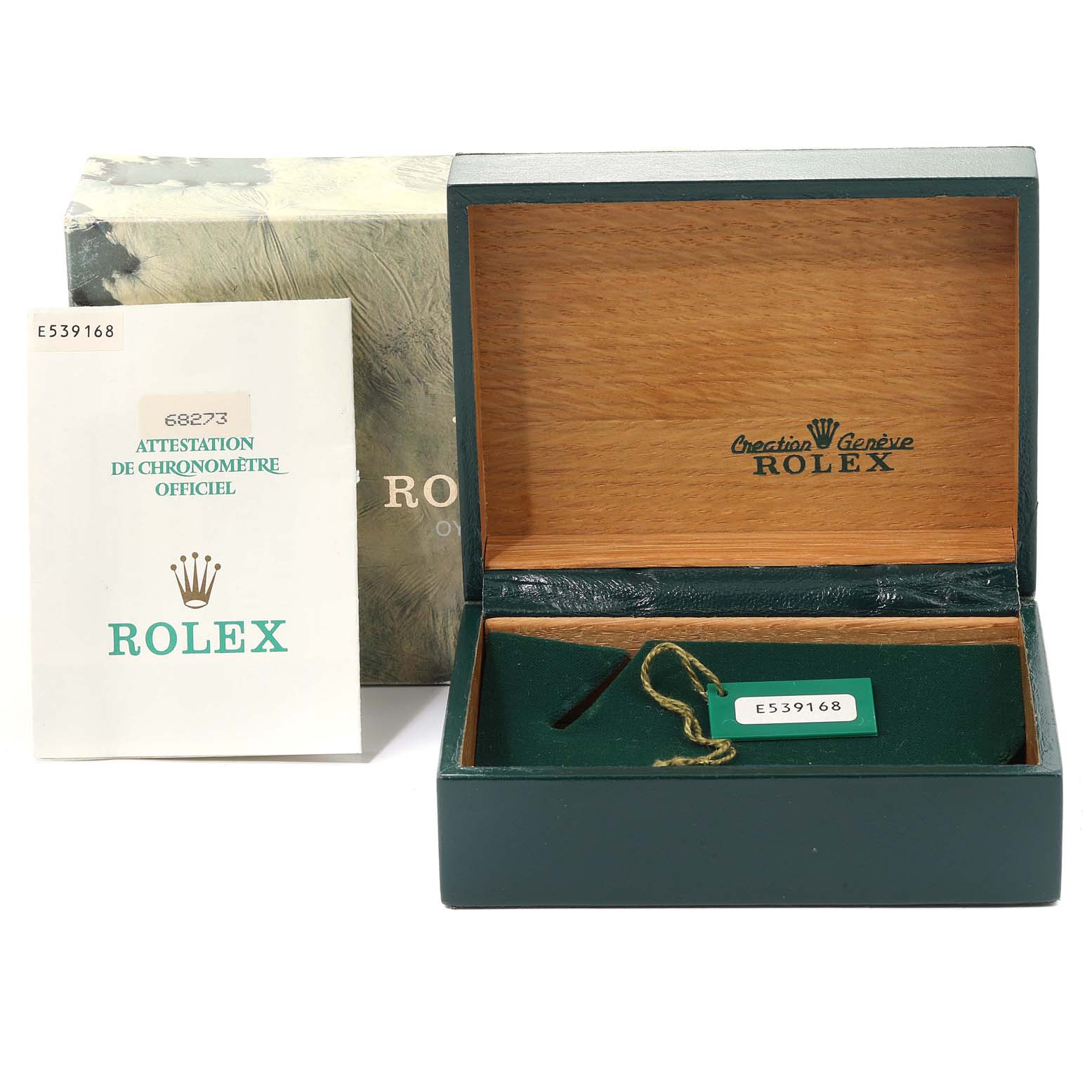 The image shows an open Rolex Mid-Size 68273 Women's Steel and Gold (two tone) Champagne Dial 68273 Women's Steel and Gold (two tone) Champagne Dial watch box with its certificate and an exterior protective box.
