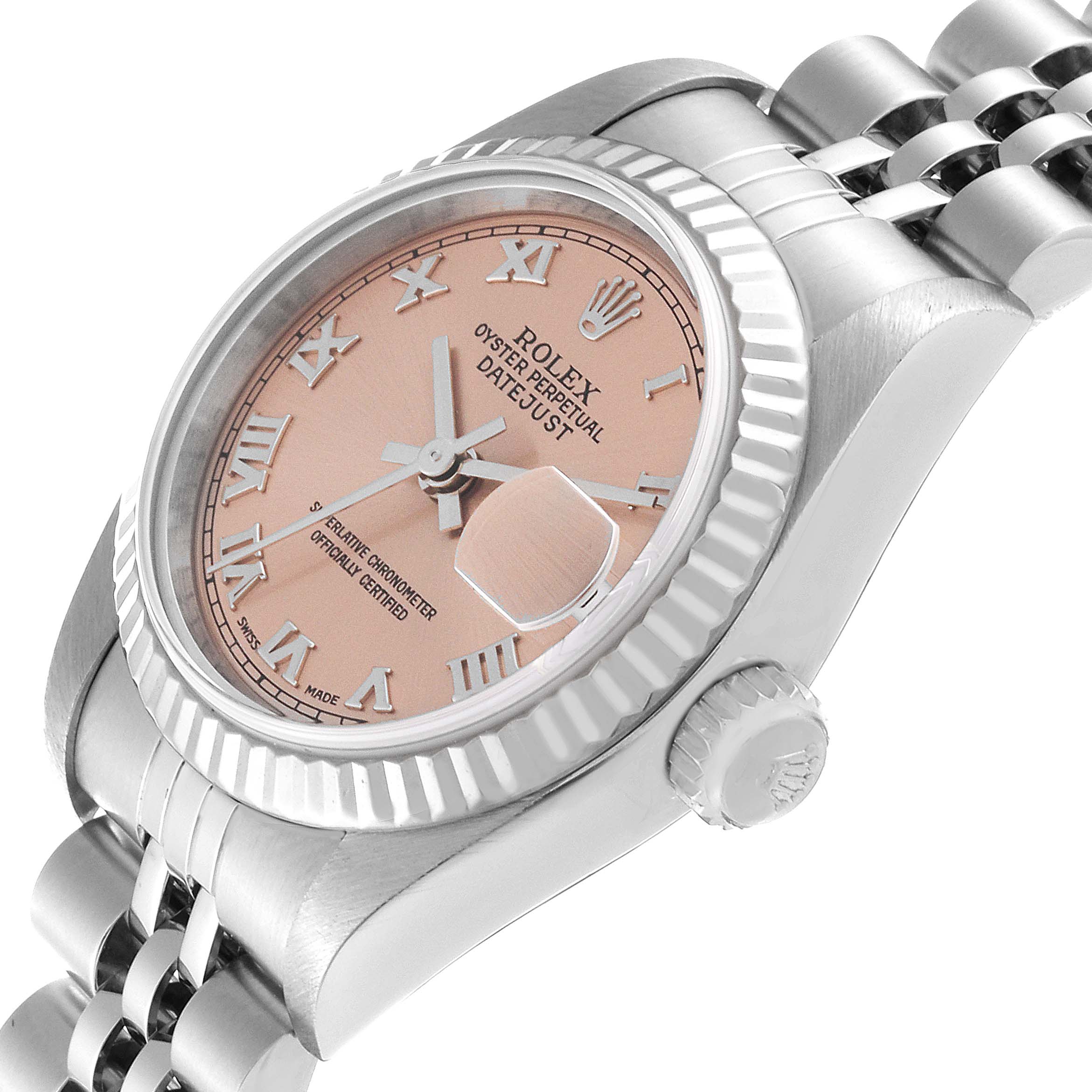 The image shows a Rolex Datejust 79174 Women's Stainless Steel Pink Dial 79174 Women's Stainless Steel Pink Dial watch from an oblique angle, highlighting the dial, bezel, crown, and part of the bracelet.