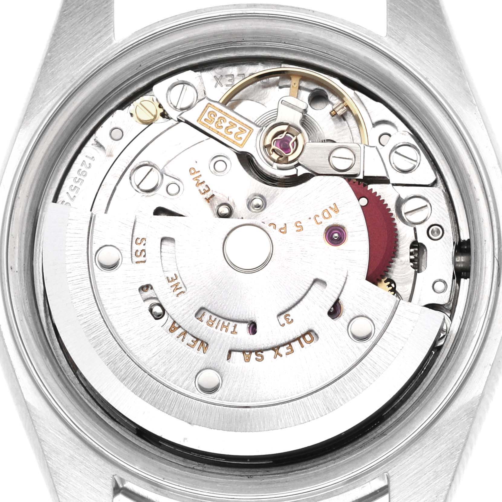 This image shows the open case back of a Rolex Datejust 79174 Women's Stainless Steel Pink Dial 79174 Women's Stainless Steel Pink Dial, revealing its intricate inner movement and components.