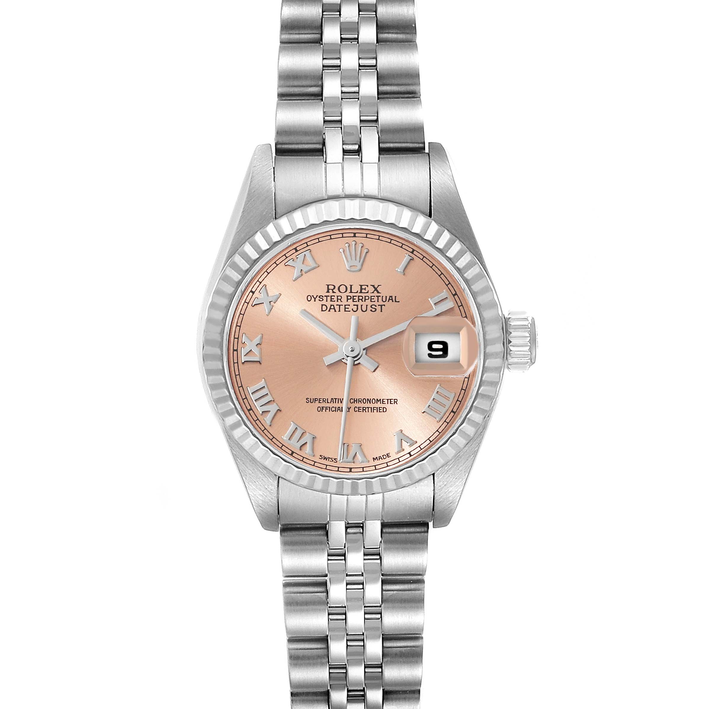 This image shows a Rolex Datejust 79174 Women's Stainless Steel Pink Dial 79174 Women's Stainless Steel Pink Dial watch from a top-down angle, including the face, bezel, bracelet, and date display.