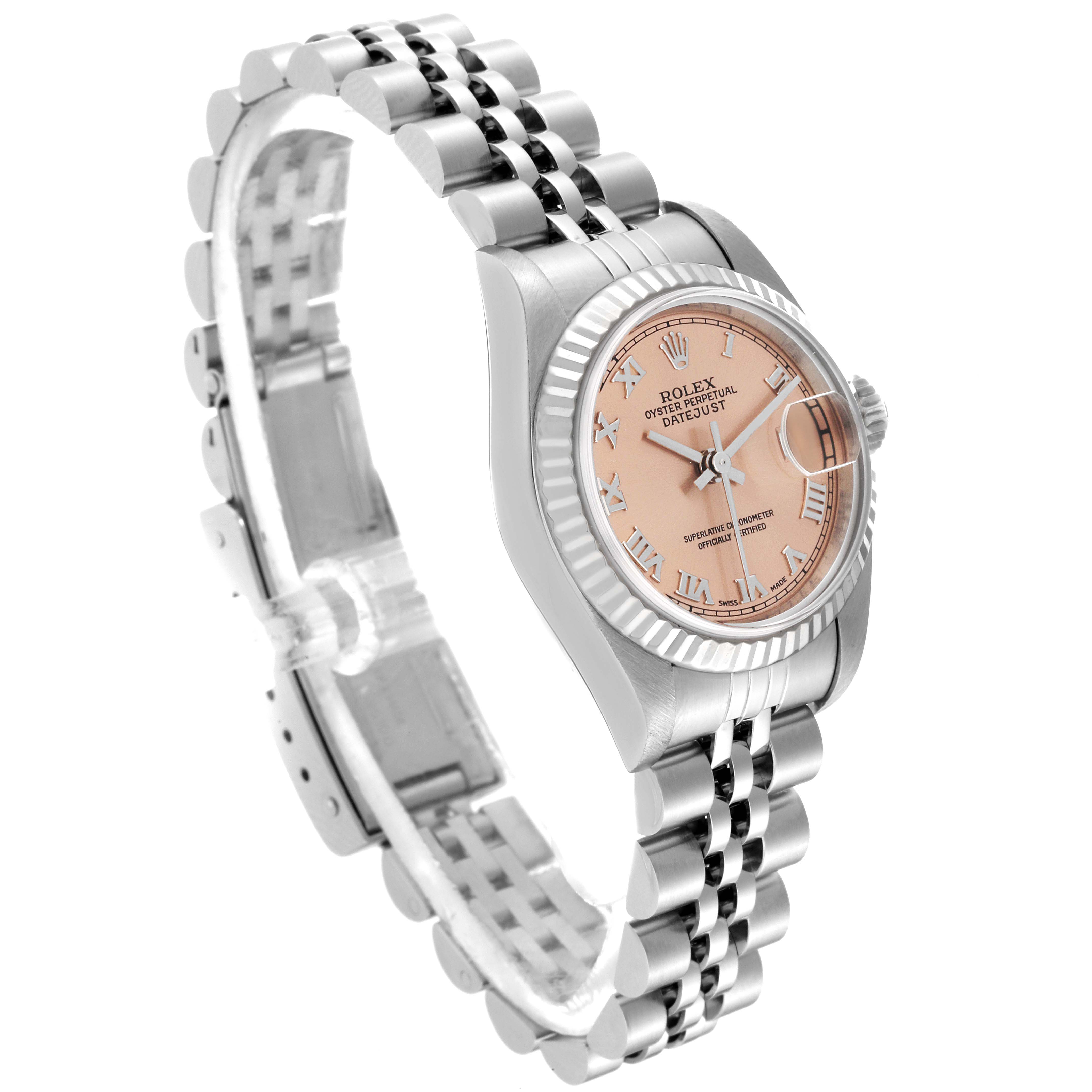 The image shows a Rolex Datejust 79174 Women's Stainless Steel Pink Dial 79174 Women's Stainless Steel Pink Dial watch from an angled side view, displaying its face, bezel, and partial bracelet.