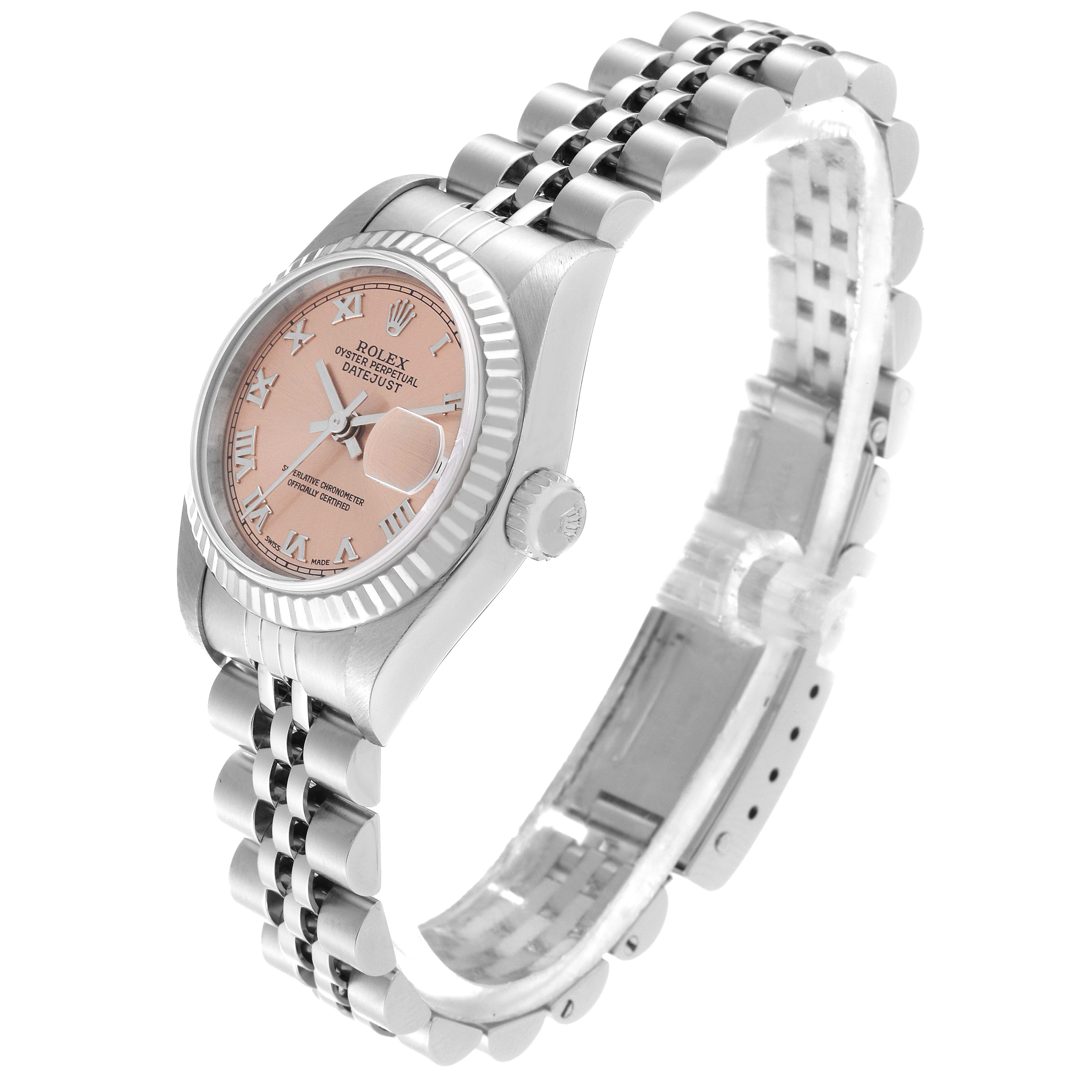 The image shows a Rolex Datejust 79174 Women's Stainless Steel Pink Dial 79174 Women's Stainless Steel Pink Dial watch at an angle highlighting the pink dial, fluted bezel, and Jubilee bracelet.