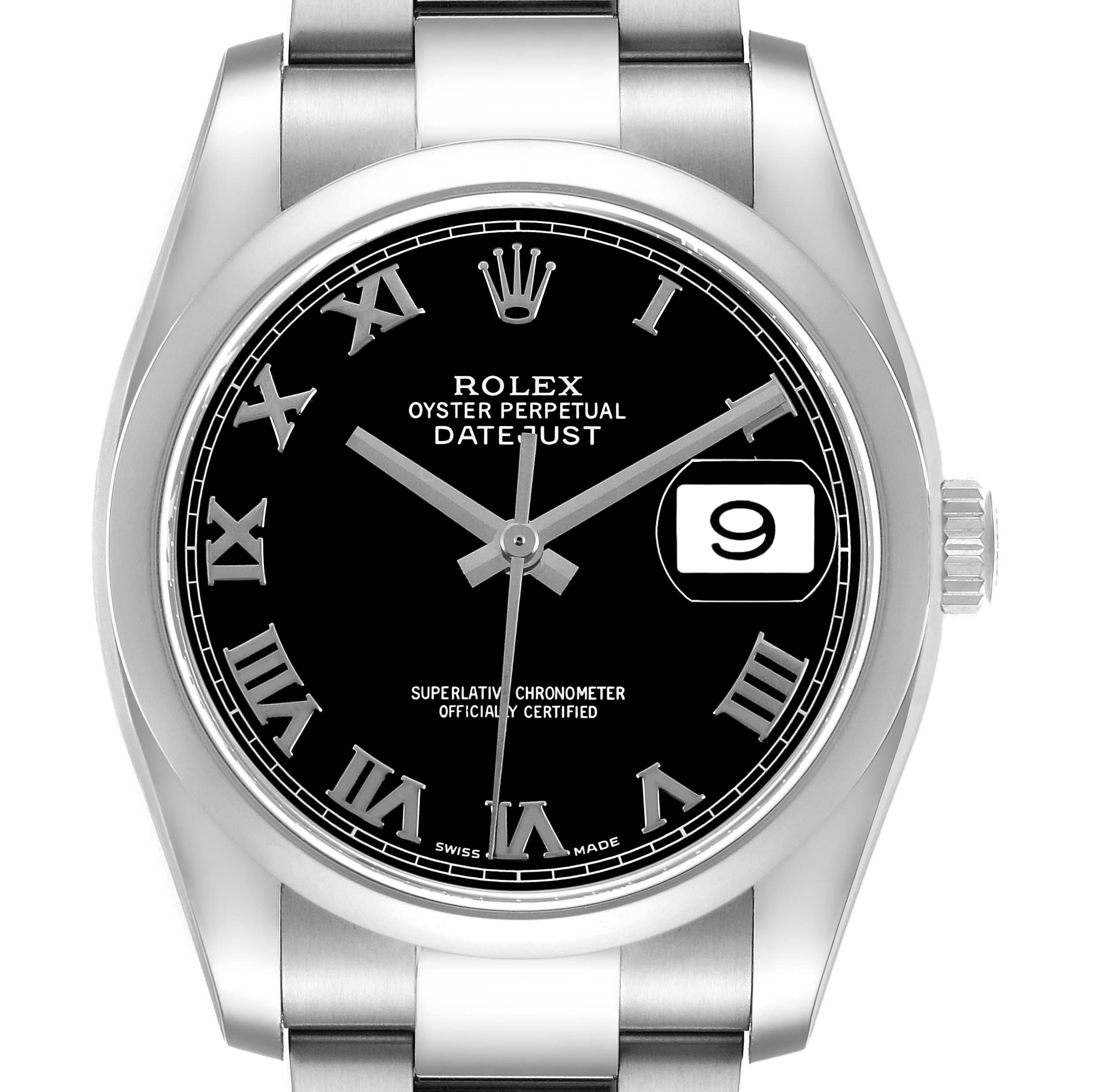 The image shows a front view of the Rolex Datejust 116200 Men's Stainless Steel Black Dial watch, highlighting its black dial, Roman numerals, and date window.