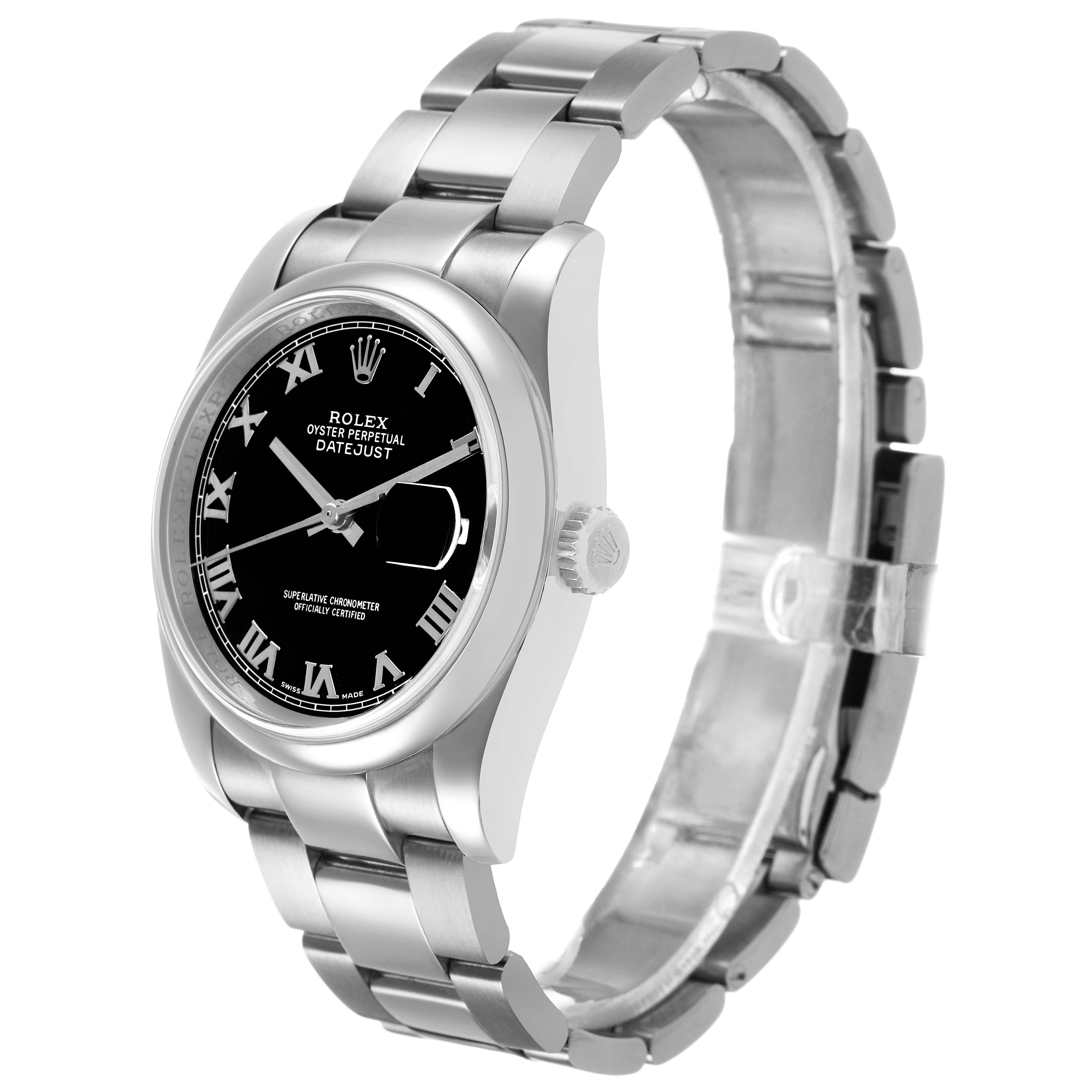 The Rolex Datejust 116200 Men's Stainless Steel Black Dial watch is shown at a three-quarter angle, highlighting its bracelet, bezel, and black dial.
