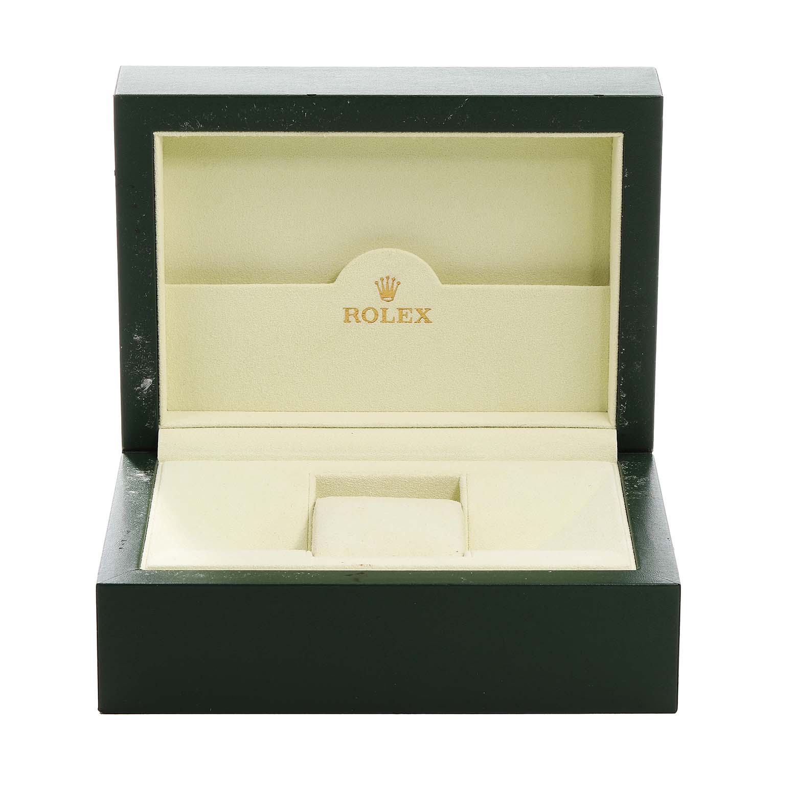 The image shows an open Rolex watch box for a Datejust model, displaying its interior.