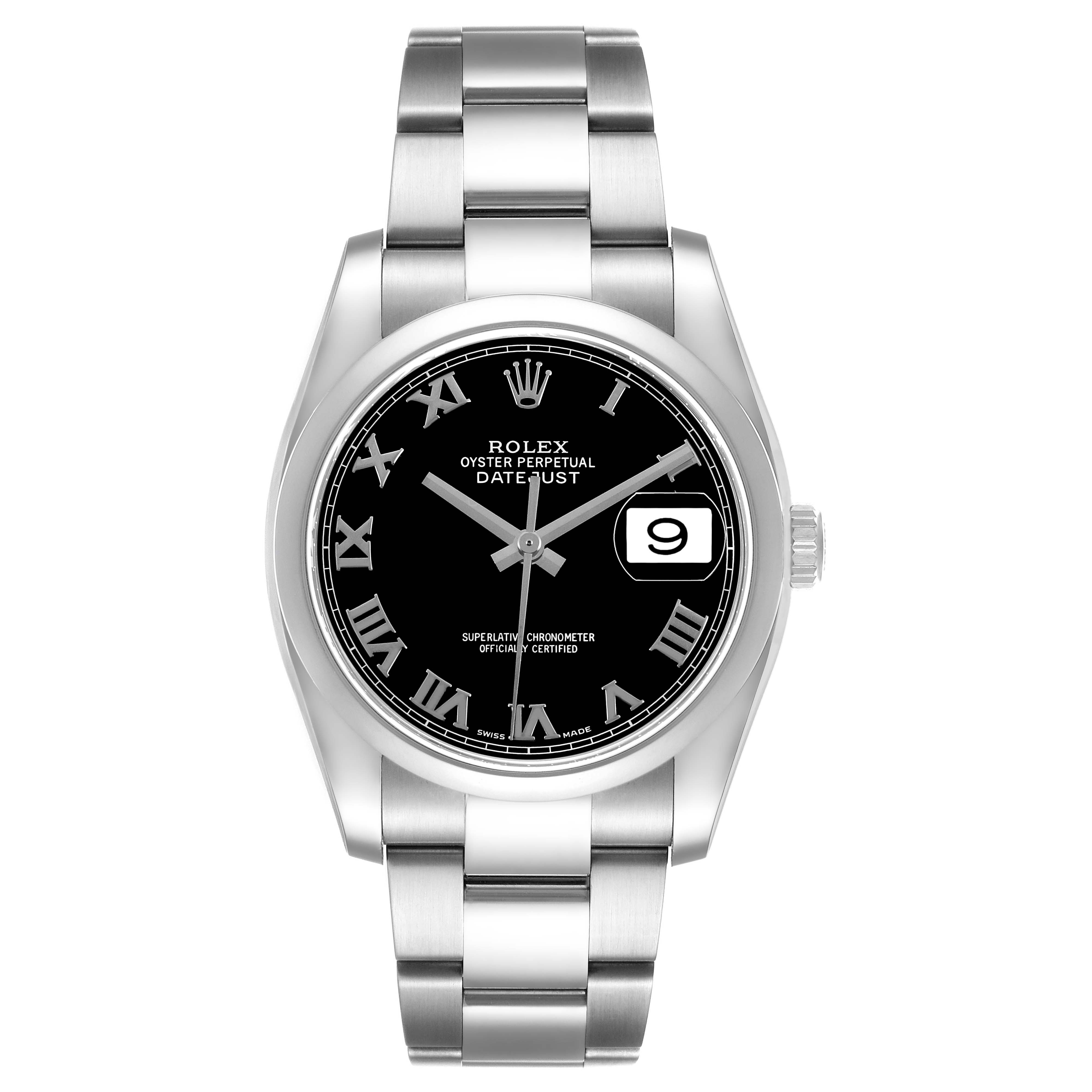 The Rolex Datejust 116200 Men's Stainless Steel Black Dial watch is shown from a front angle, displaying its dial, bracelet, and cyclops lens over the date.