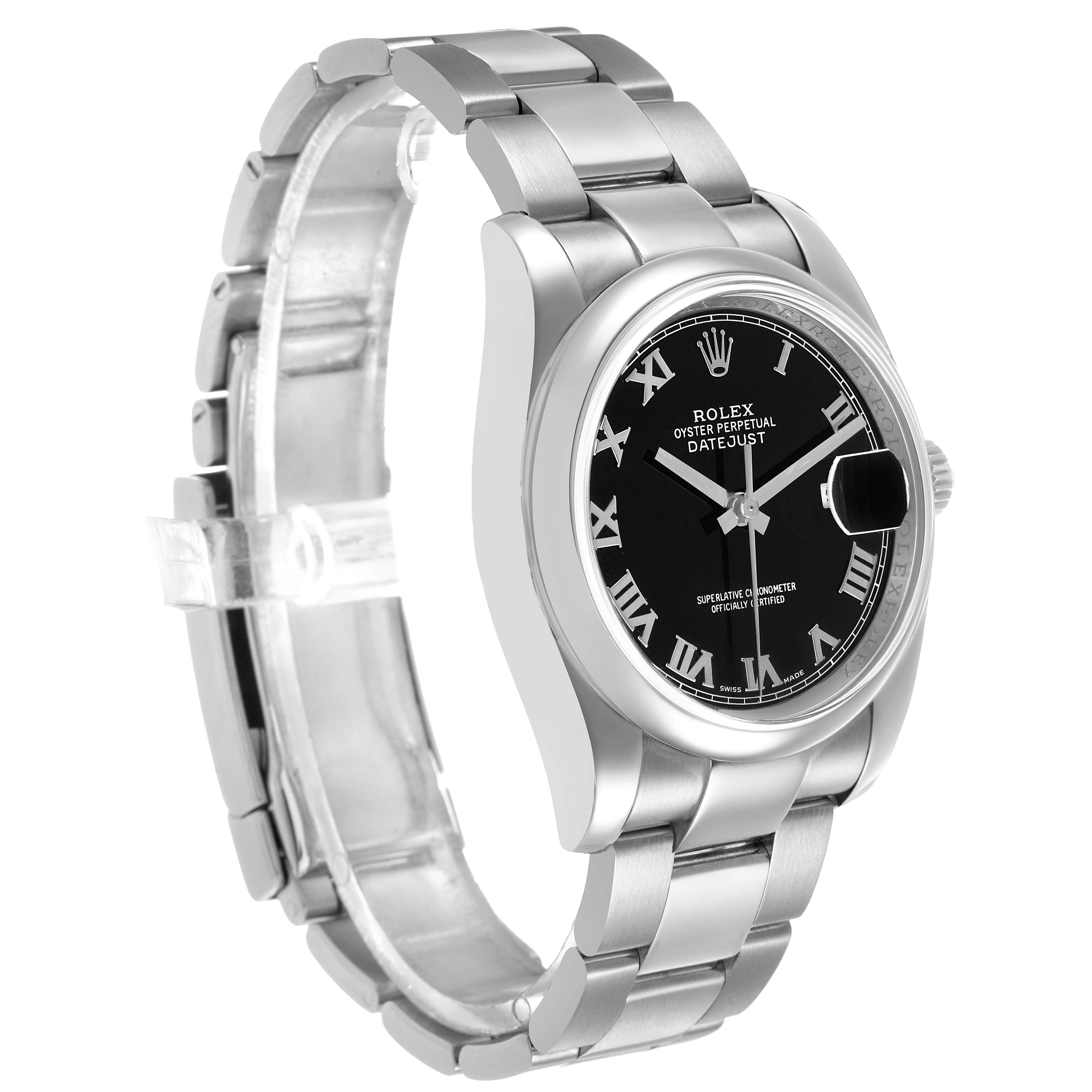 The Rolex Datejust 116200 Men's Stainless Steel Black Dial watch is shown at a slight angle, highlighting its face and stainless steel bracelet.