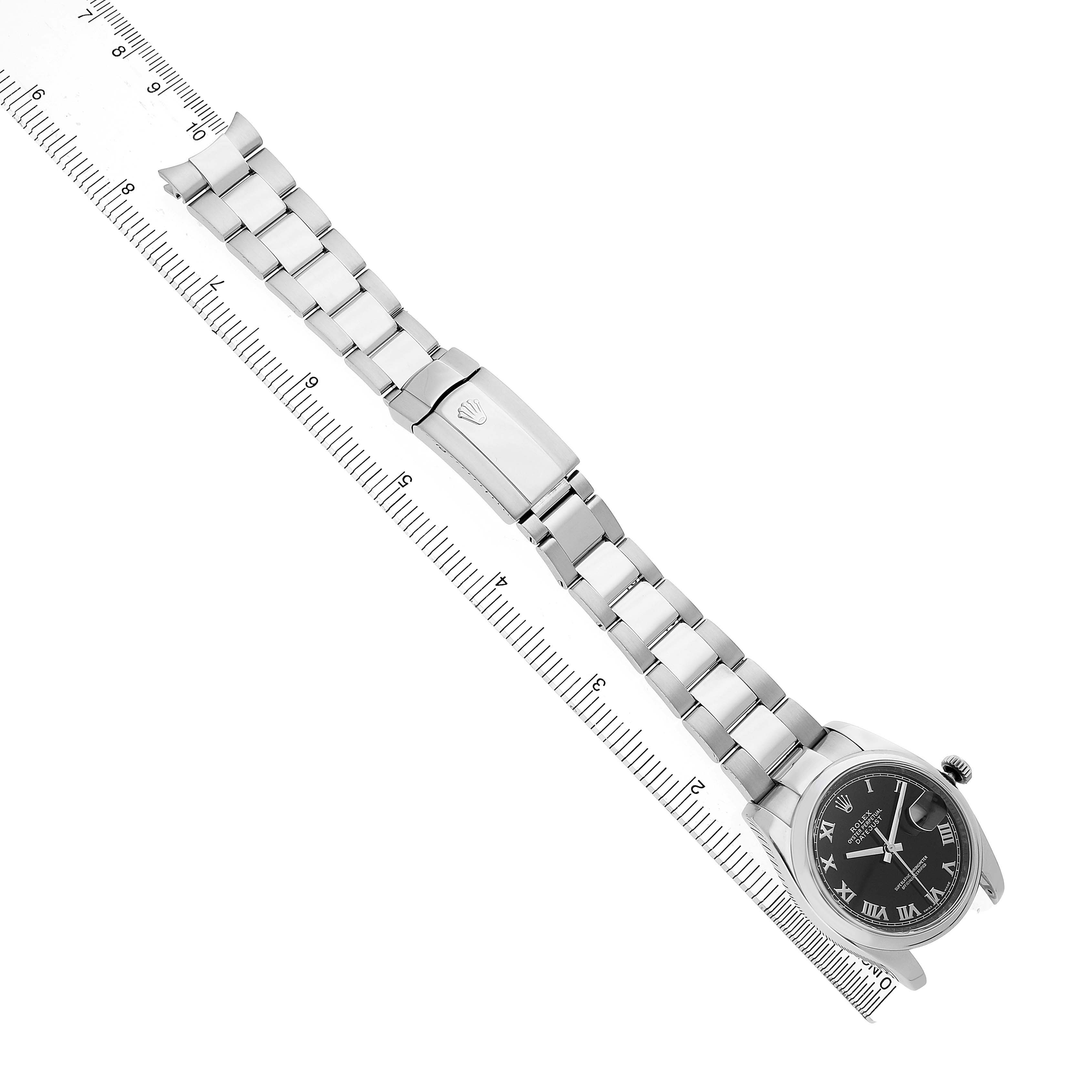 The Rolex Datejust 116200 Men's Stainless Steel Black Dial watch is shown at a flat angle, displaying the bracelet, clasp, and dial.