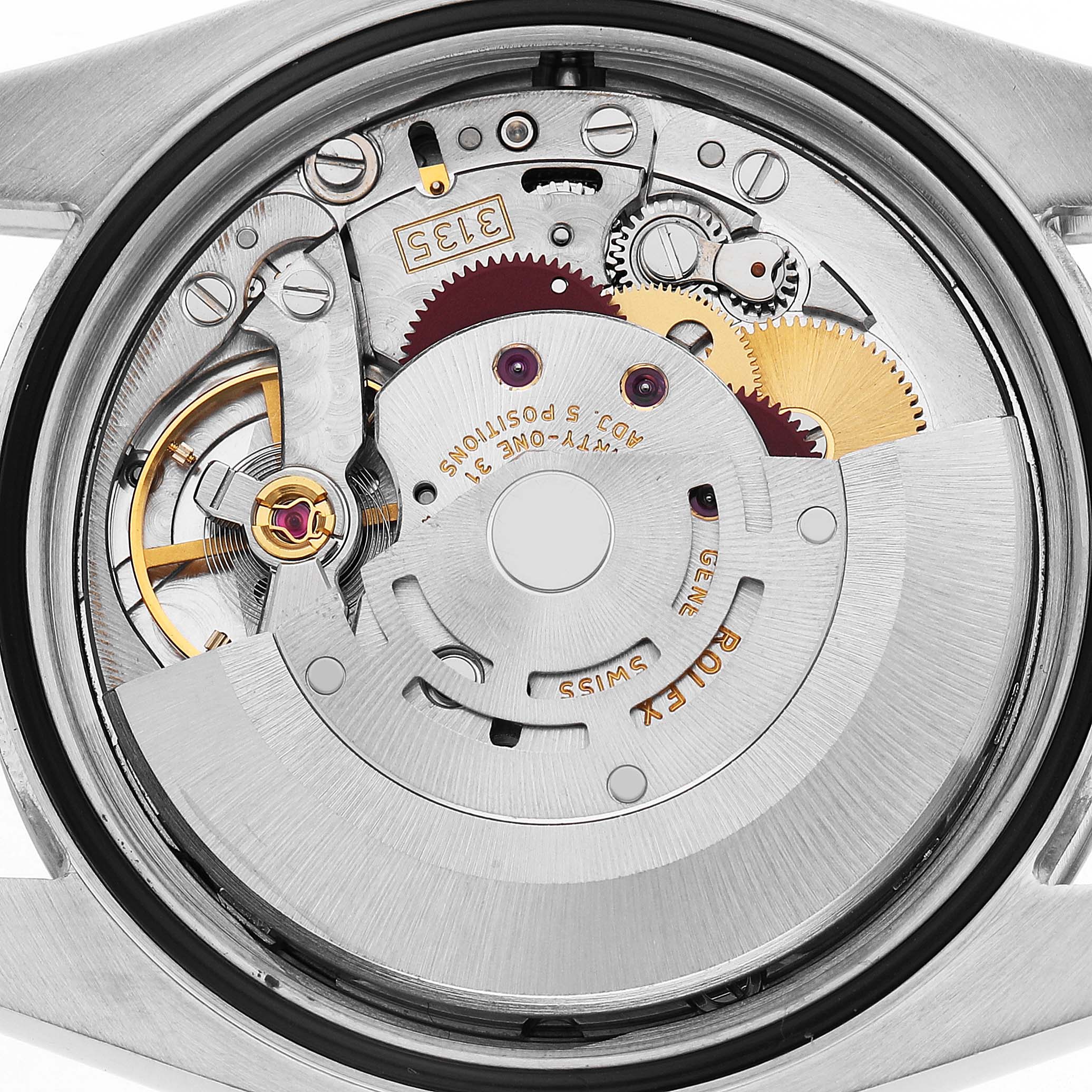 The image shows the internal movement of the Rolex Datejust 116200 Men's Stainless Steel Black Dial watch from a back view, highlighting gears and mechanical components.