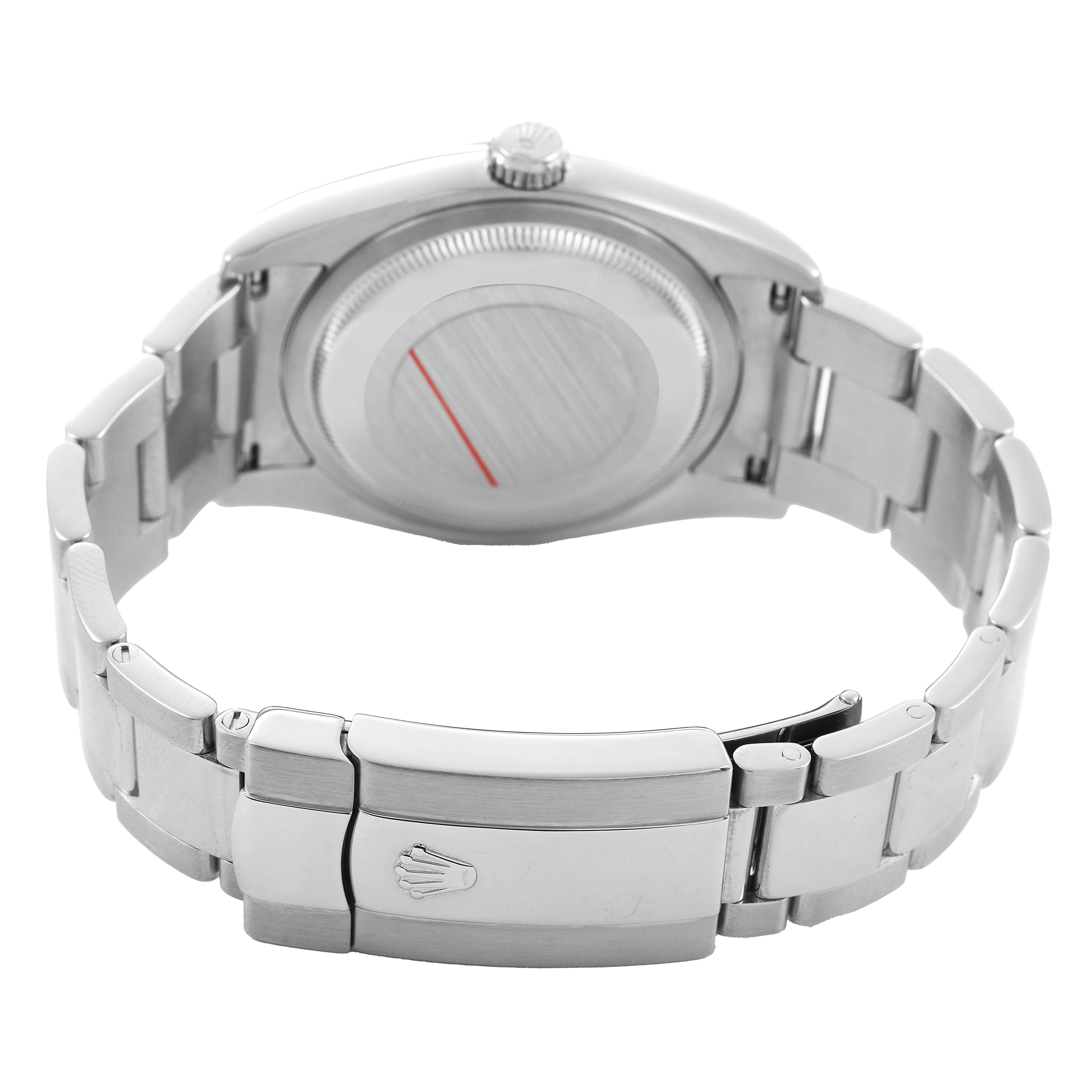 The image shows the back of a Rolex Datejust 116200 Men's Stainless Steel Black Dial watch, highlighting the clasp, bracelet, and case back from a rear angle.