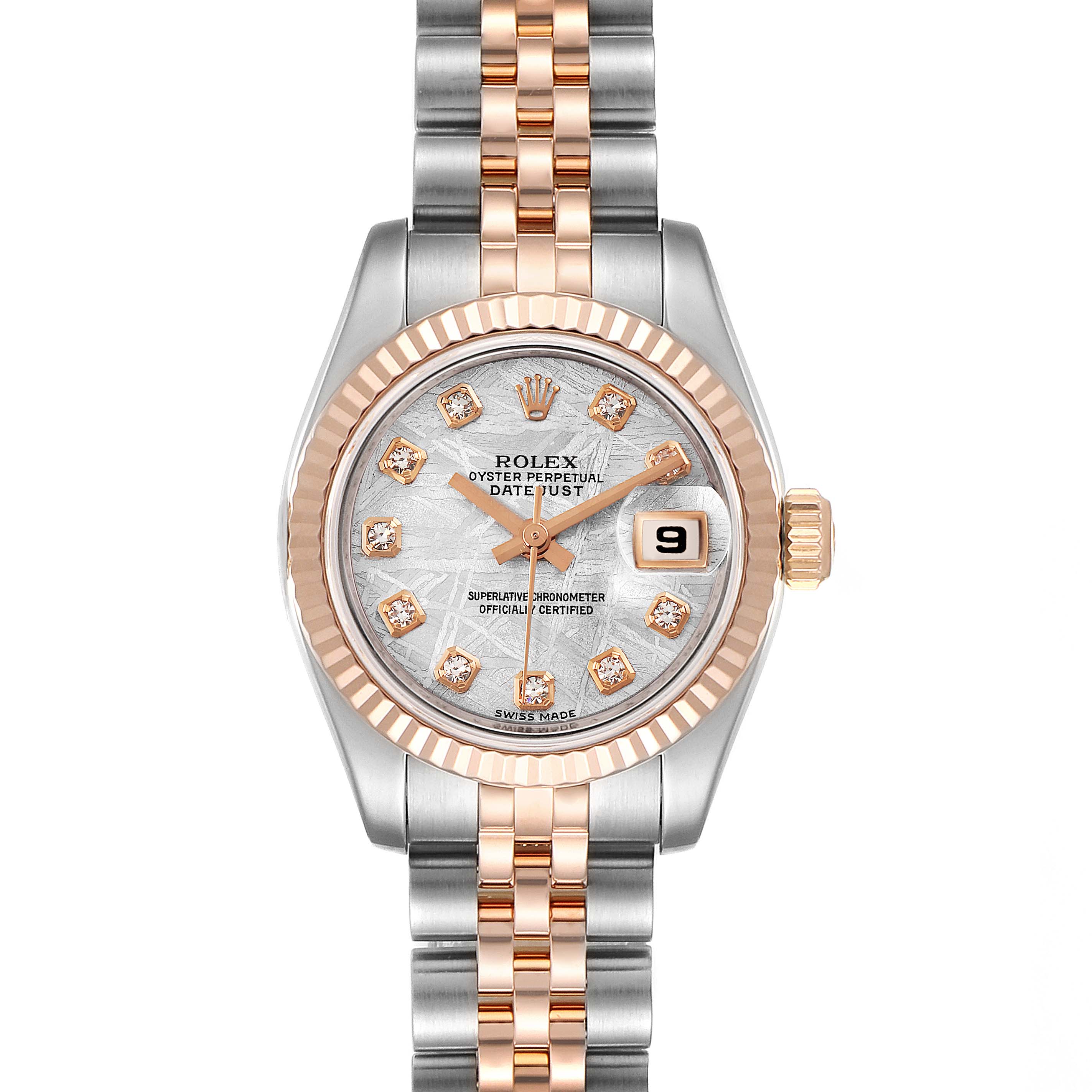 The image shows a front view of a Rolex Datejust 179171 Women
s Steel and Gold (two tone) Silver Dial 179171 Women
s Steel and Gold (two tone) Silver Dial watch displaying its face, bezel, dial, and Jubilee bracelet.