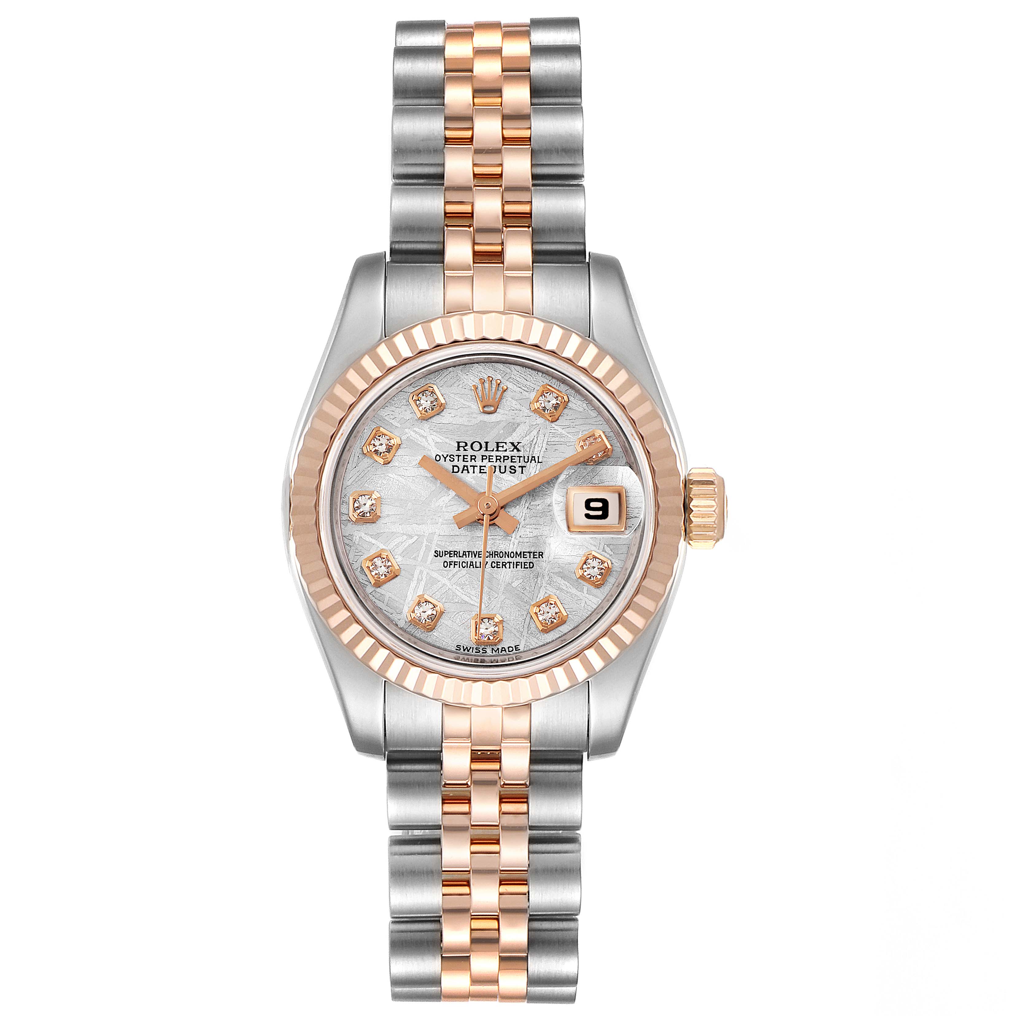 This image shows a front view of the Rolex Datejust 179171 Women
s Steel and Gold (two tone) Silver Dial 179171 Women
s Steel and Gold (two tone) Silver Dial watch, highlighting its face, bezel, and two-tone bracelet.