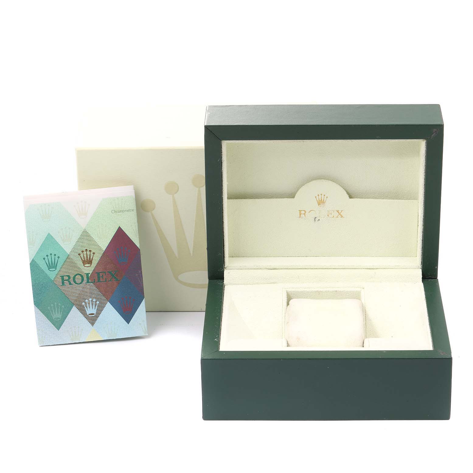 The image shows an open Rolex Datejust 179171 Women
s Steel and Gold (two tone) Silver Dial 179171 Women
s Steel and Gold (two tone) Silver Dial watch box with the lid lifted, alongside a Rolex booklet.