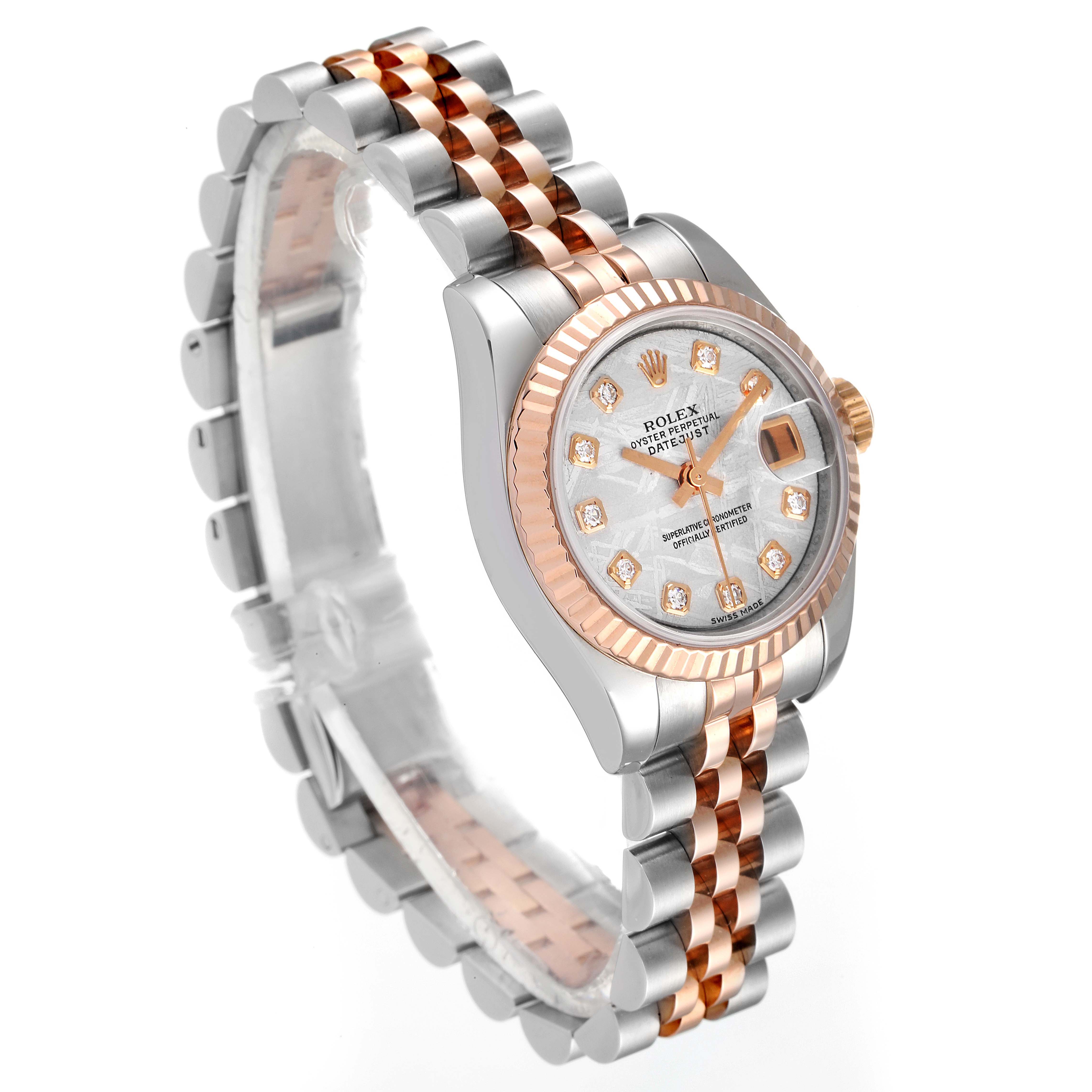 The Rolex Datejust 179171 Women
s Steel and Gold (two tone) Silver Dial 179171 Women
s Steel and Gold (two tone) Silver Dial watch is shown at a left front angle, highlighting the dial, bezel, and two-tone bracelet.