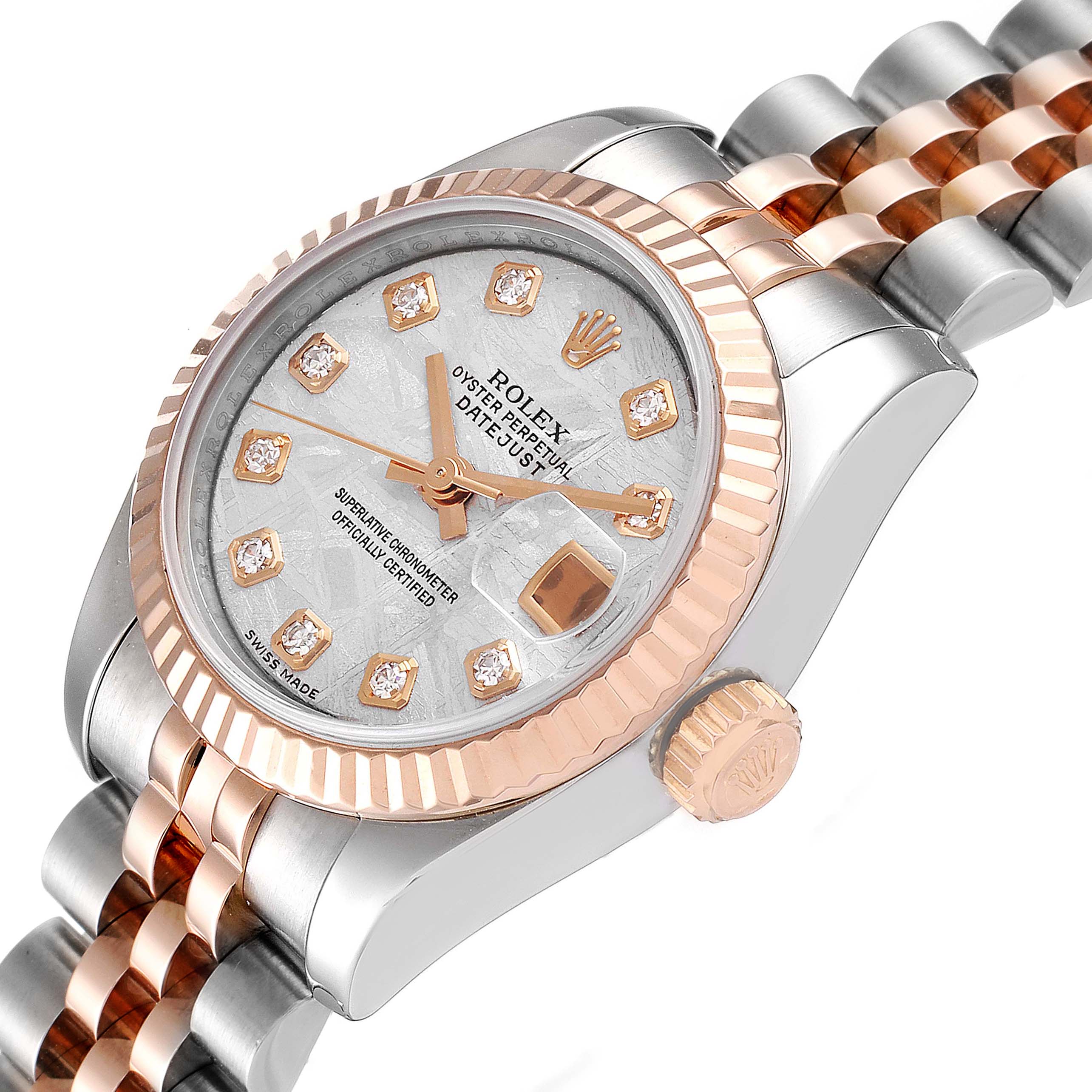 The image shows a side and top view of a Rolex Datejust 179171 Women
s Steel and Gold (two tone) Silver Dial 179171 Women
s Steel and Gold (two tone) Silver Dial, highlighting the bezel, crown, dial, and part of the bracelet.