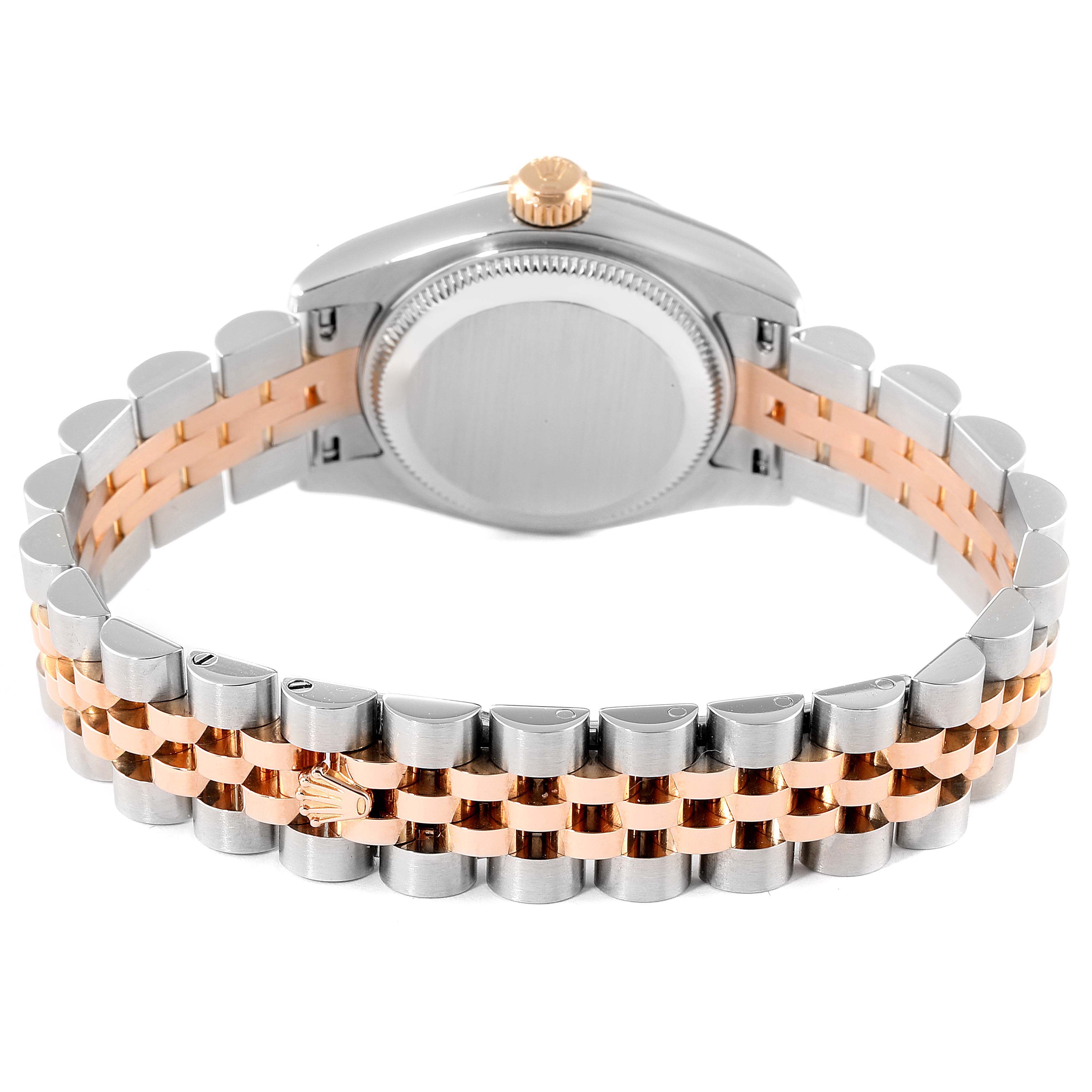 The image shows the back of a Rolex Datejust 179171 Women
s Steel and Gold (two tone) Silver Dial 179171 Women
s Steel and Gold (two tone) Silver Dial watch, featuring its two-tone bracelet and case back at a slight upward angle.