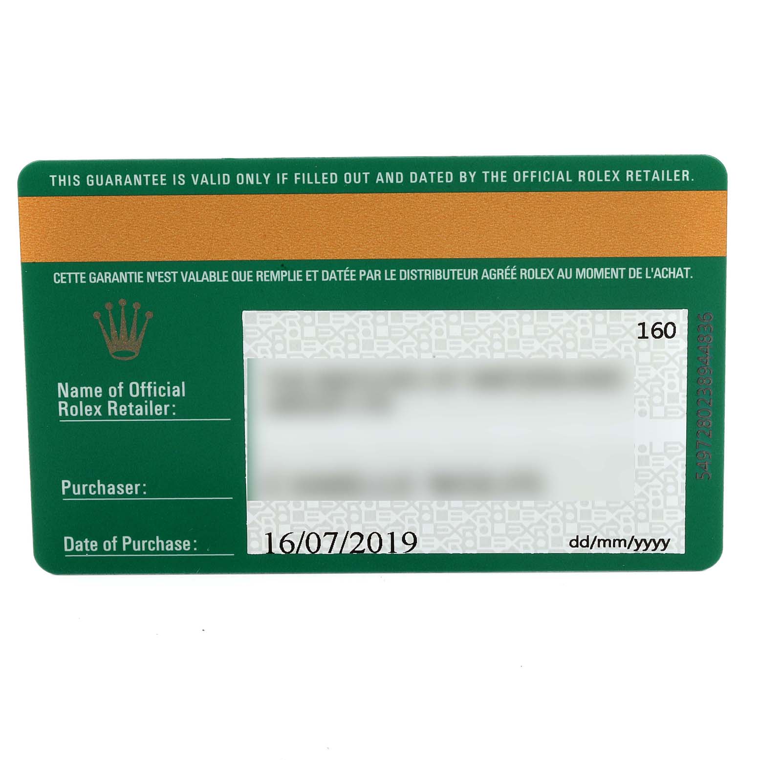 This image shows a warranty card for the Rolex Datejust 279161 Women's Steel and Gold (two tone) Green Dial 279161 Women's Steel and Gold (two tone) Green Dial, including details like the retailer name, purchaser, and date of purchase.