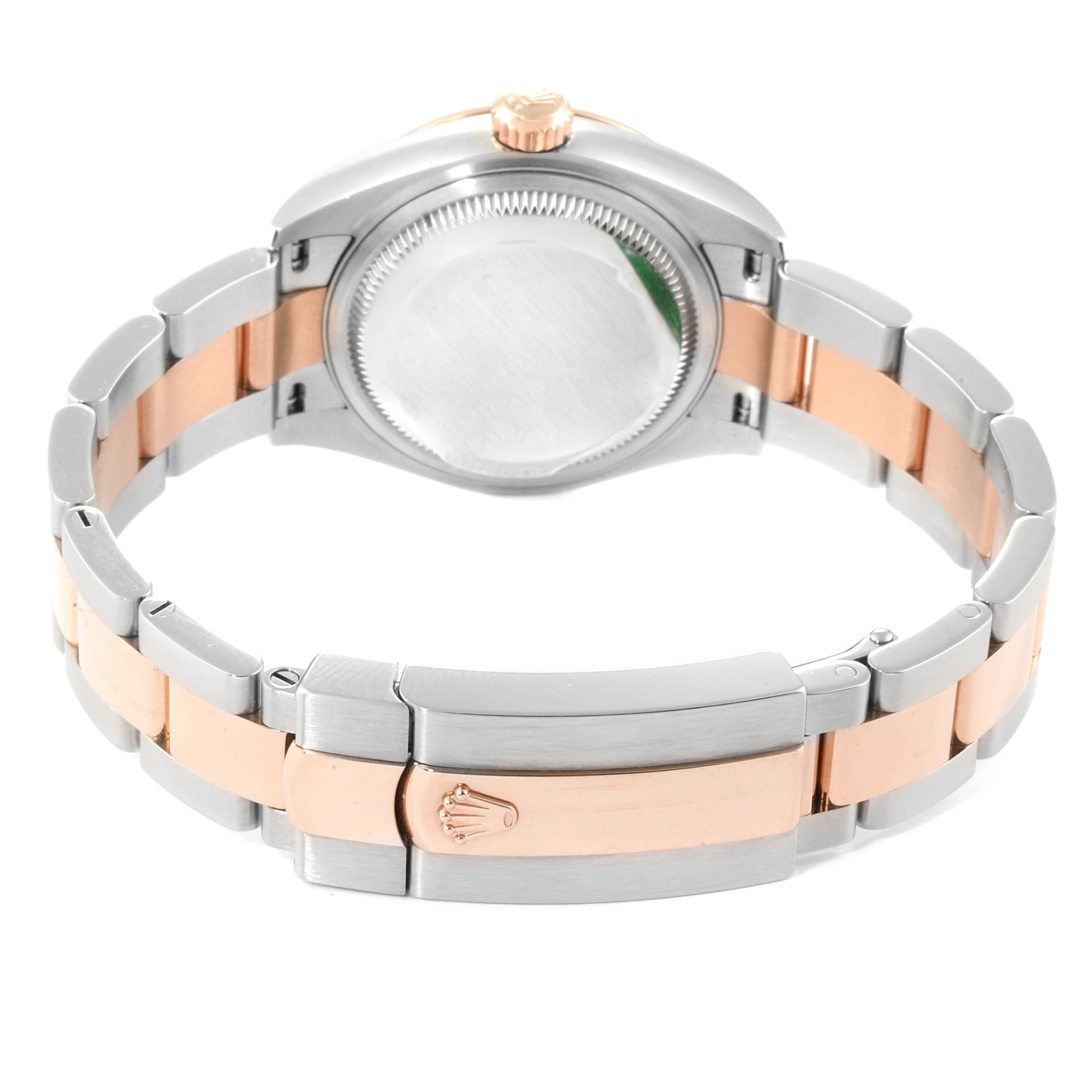 This image shows the back view of the Rolex Datejust 279161 Women's Steel and Gold (two tone) Green Dial 279161 Women's Steel and Gold (two tone) Green Dial watch, highlighting the case back and two-tone bracelet with a buckle clasp.