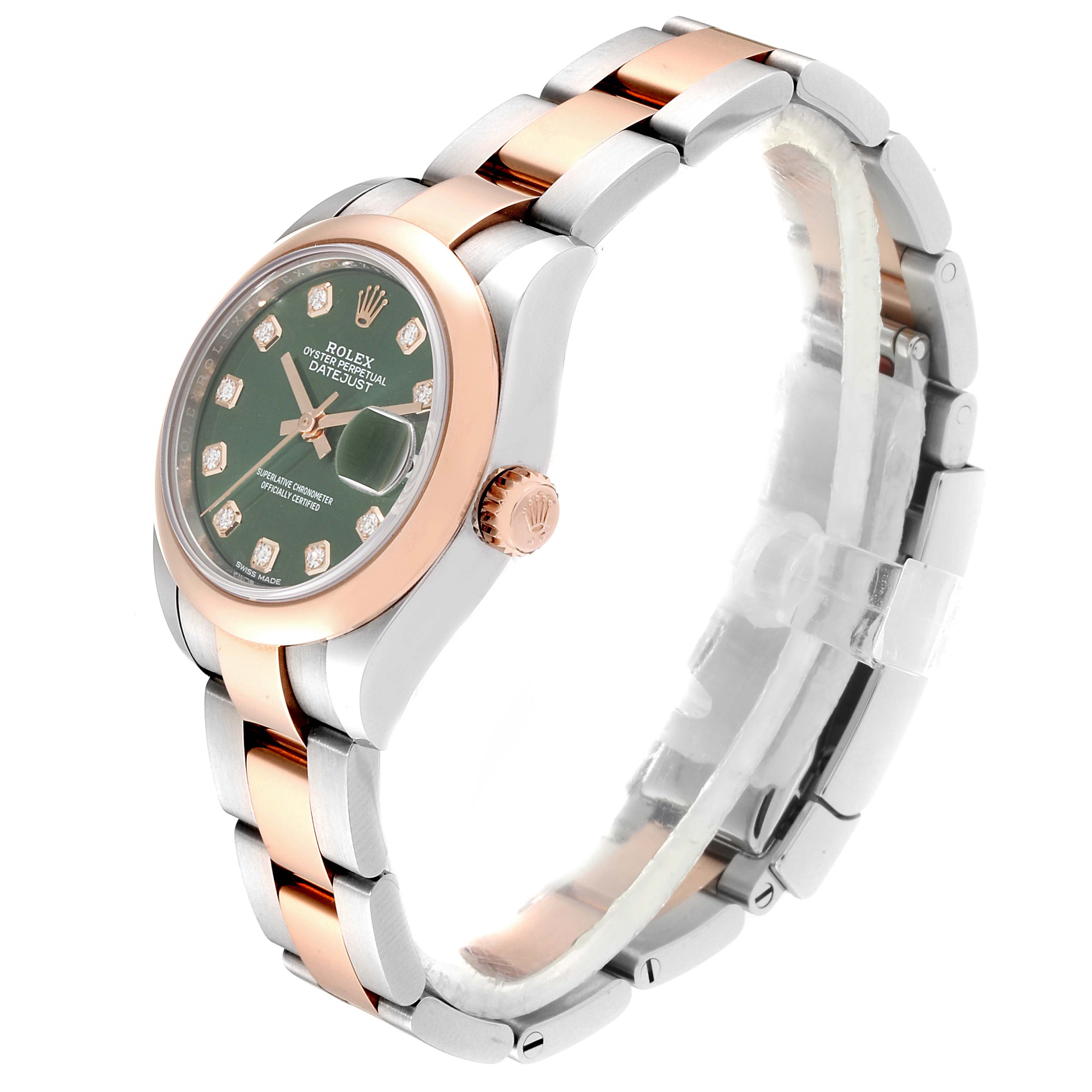This image shows a Rolex Datejust 279161 Women's Steel and Gold (two tone) Green Dial 279161 Women's Steel and Gold (two tone) Green Dial watch at a slight side angle, highlighting the face, bezel, crown, and bracelet.