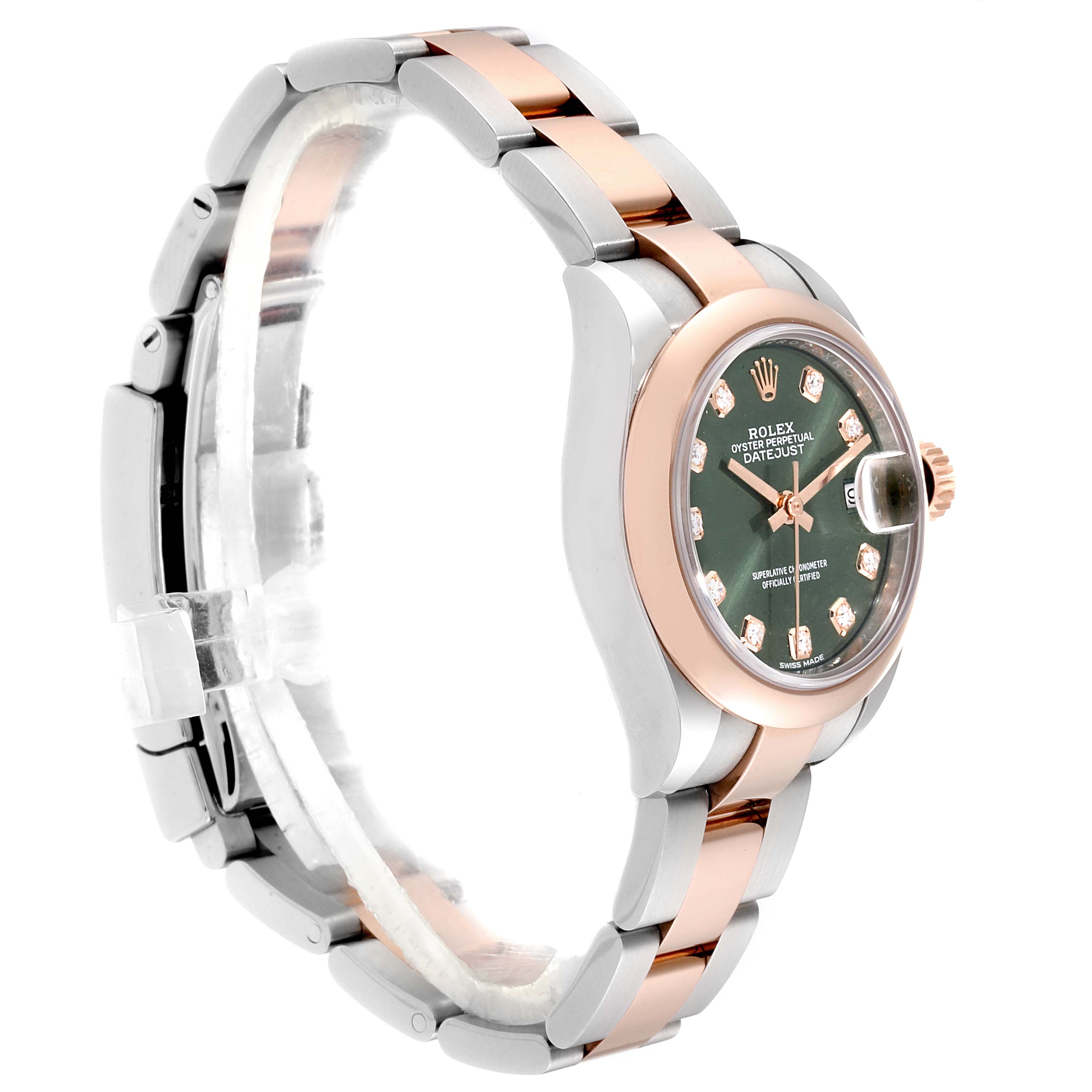 The image shows a side view of a Rolex Datejust 279161 Women's Steel and Gold (two tone) Green Dial 279161 Women's Steel and Gold (two tone) Green Dial watch, highlighting its two-tone bracelet, bezel, and face.