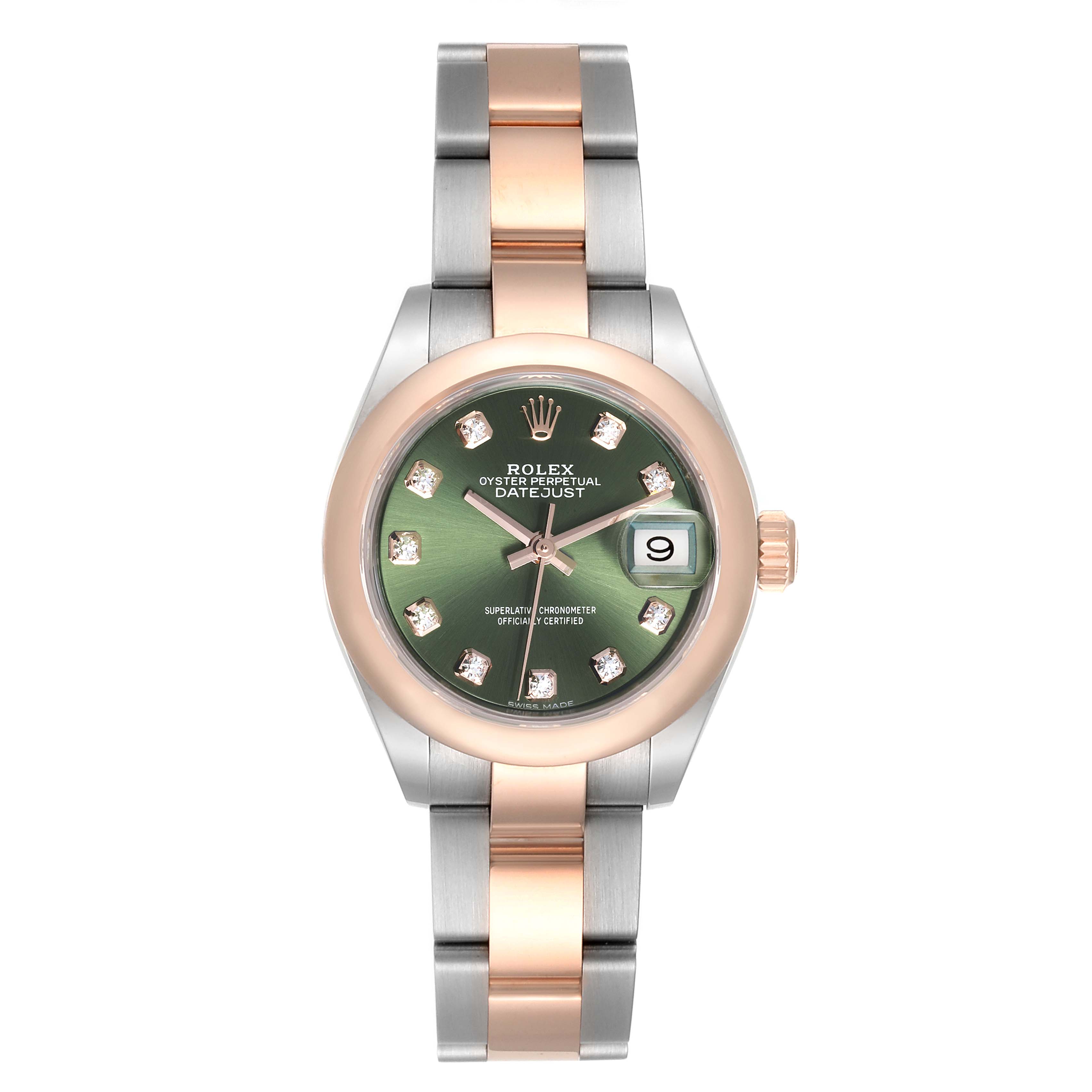 The image shows a Rolex Datejust 279161 Women's Steel and Gold (two tone) Green Dial 279161 Women's Steel and Gold (two tone) Green Dial watch from a top-down angle, highlighting the green dial, diamond hour markers, and two-tone bracelet.