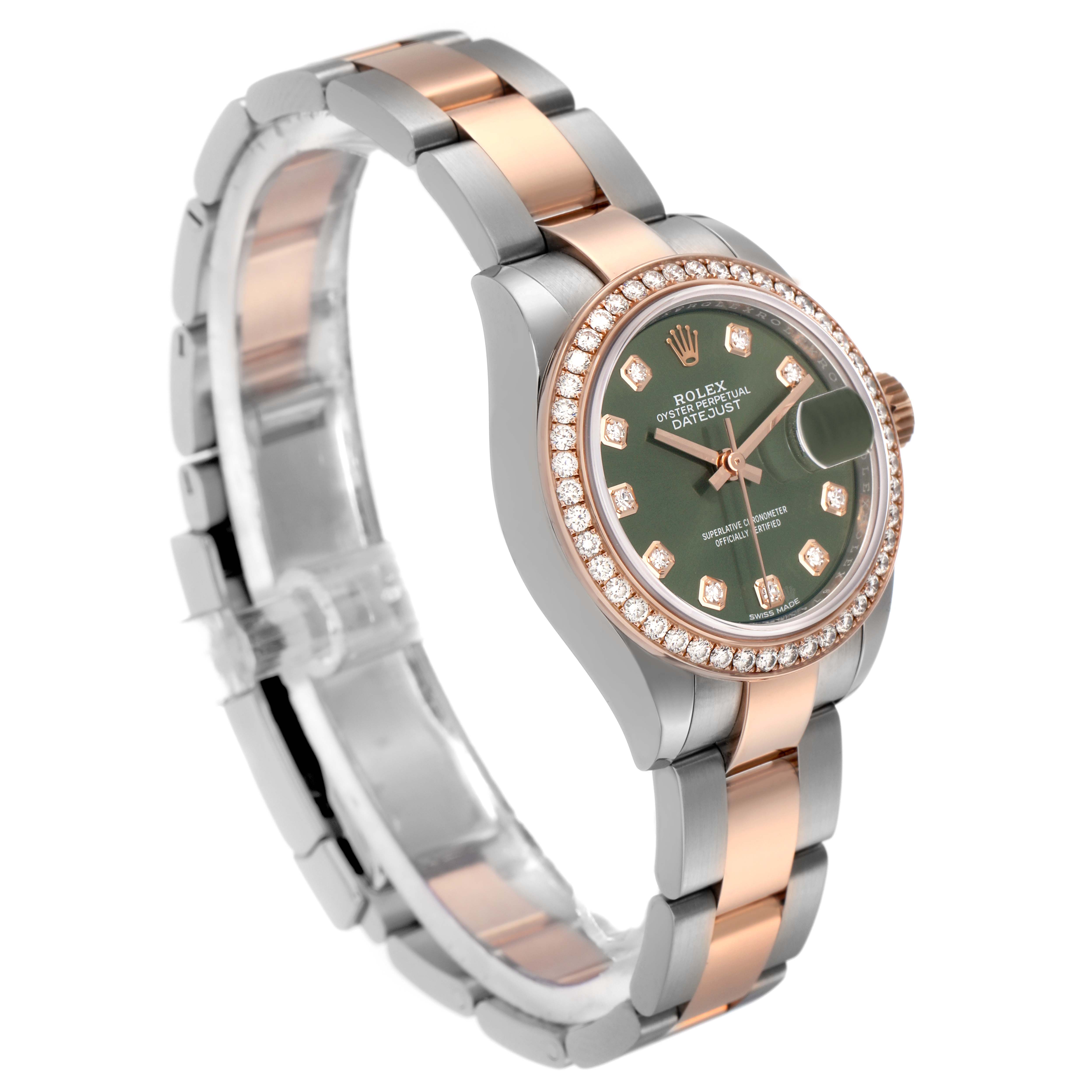 The Rolex Datejust 279381 Women's Steel and Gold (two tone) Green Dial 279381 Women's Steel and Gold (two tone) Green Dial watch is shown at a three-quarter angle, highlighting the face, bezel, and bracelet.
