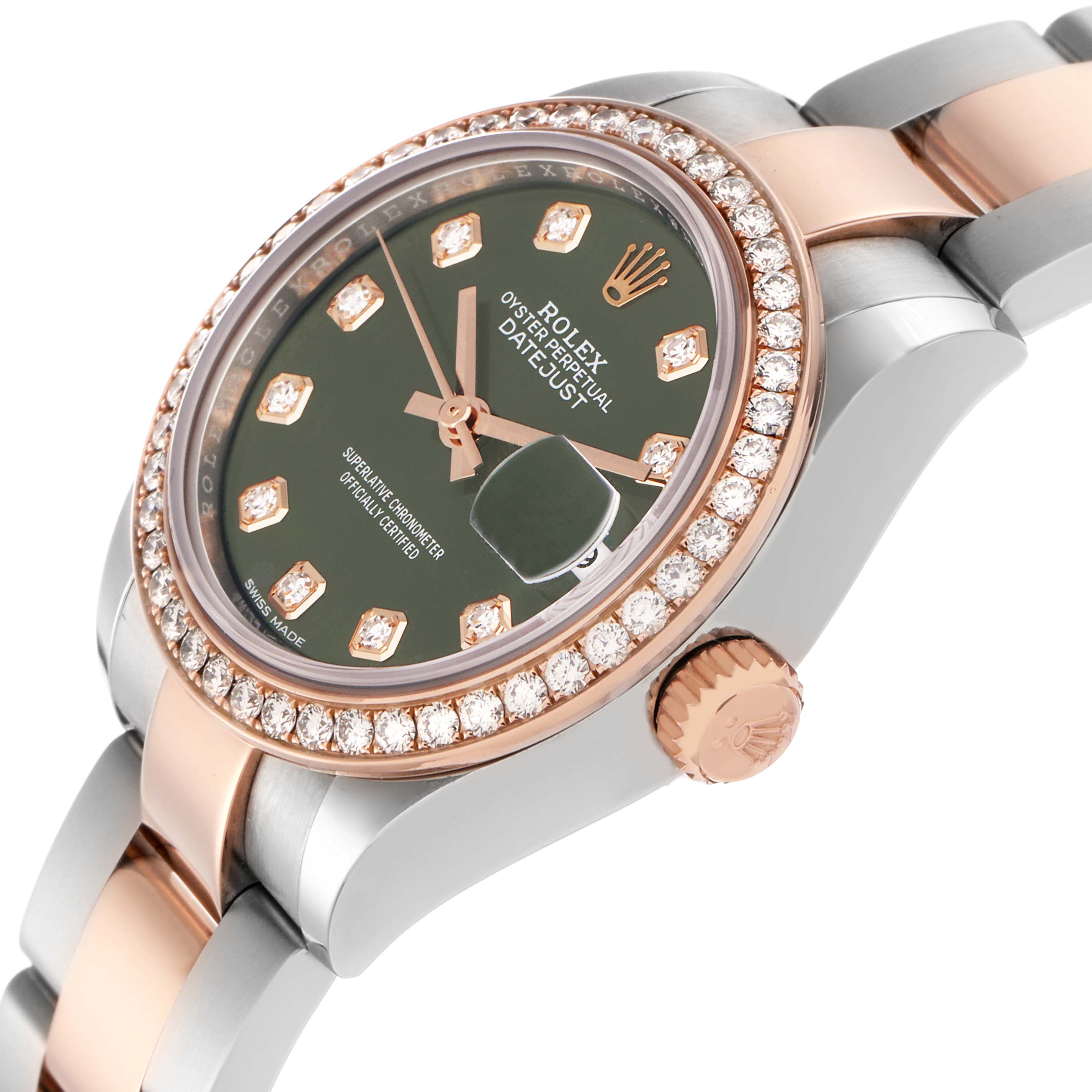 The Rolex Datejust 279381 Women's Steel and Gold (two tone) Green Dial 279381 Women's Steel and Gold (two tone) Green Dial is shown at a side angle featuring the dial, crown, bezel, and part of the bracelet.