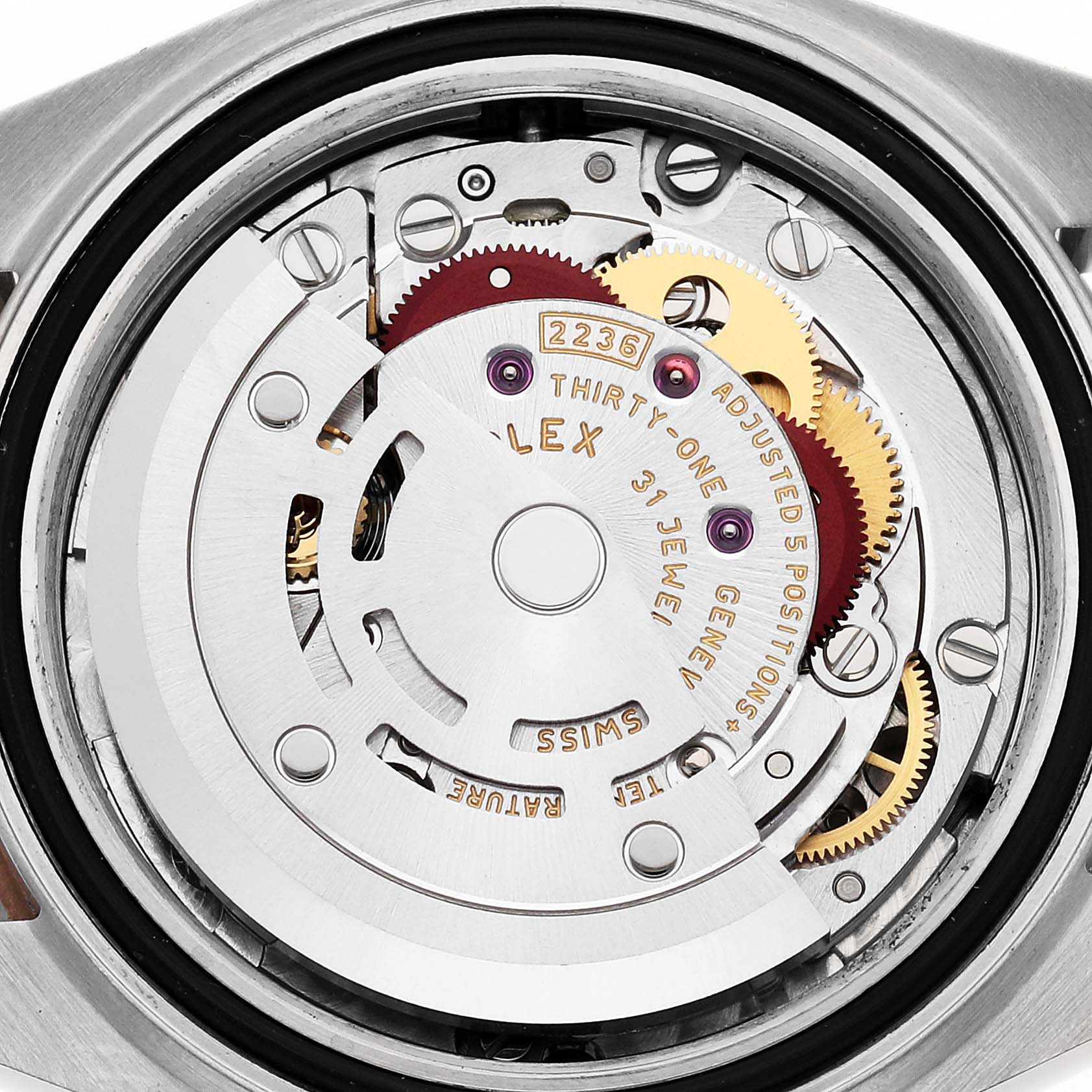 The image shows the internal mechanism of a Rolex Datejust 279381 Women's Steel and Gold (two tone) Green Dial 279381 Women's Steel and Gold (two tone) Green Dial, focusing on its rotor, gears, and jewels from the back.