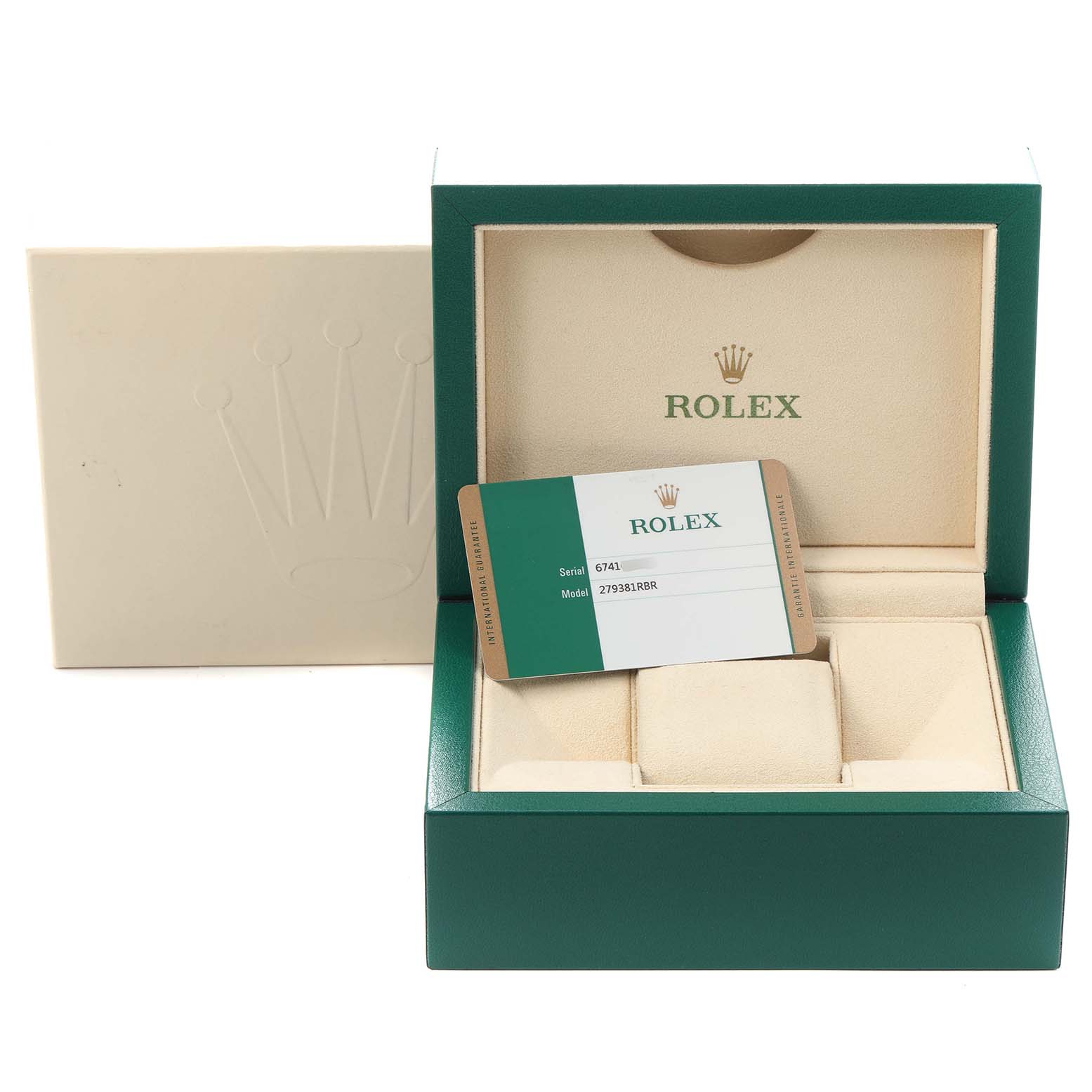 The image shows a Rolex Datejust 279381 Women's Steel and Gold (two tone) Green Dial 279381 Women's Steel and Gold (two tone) Green Dial watch box with the warranty card inside, viewed from the front.