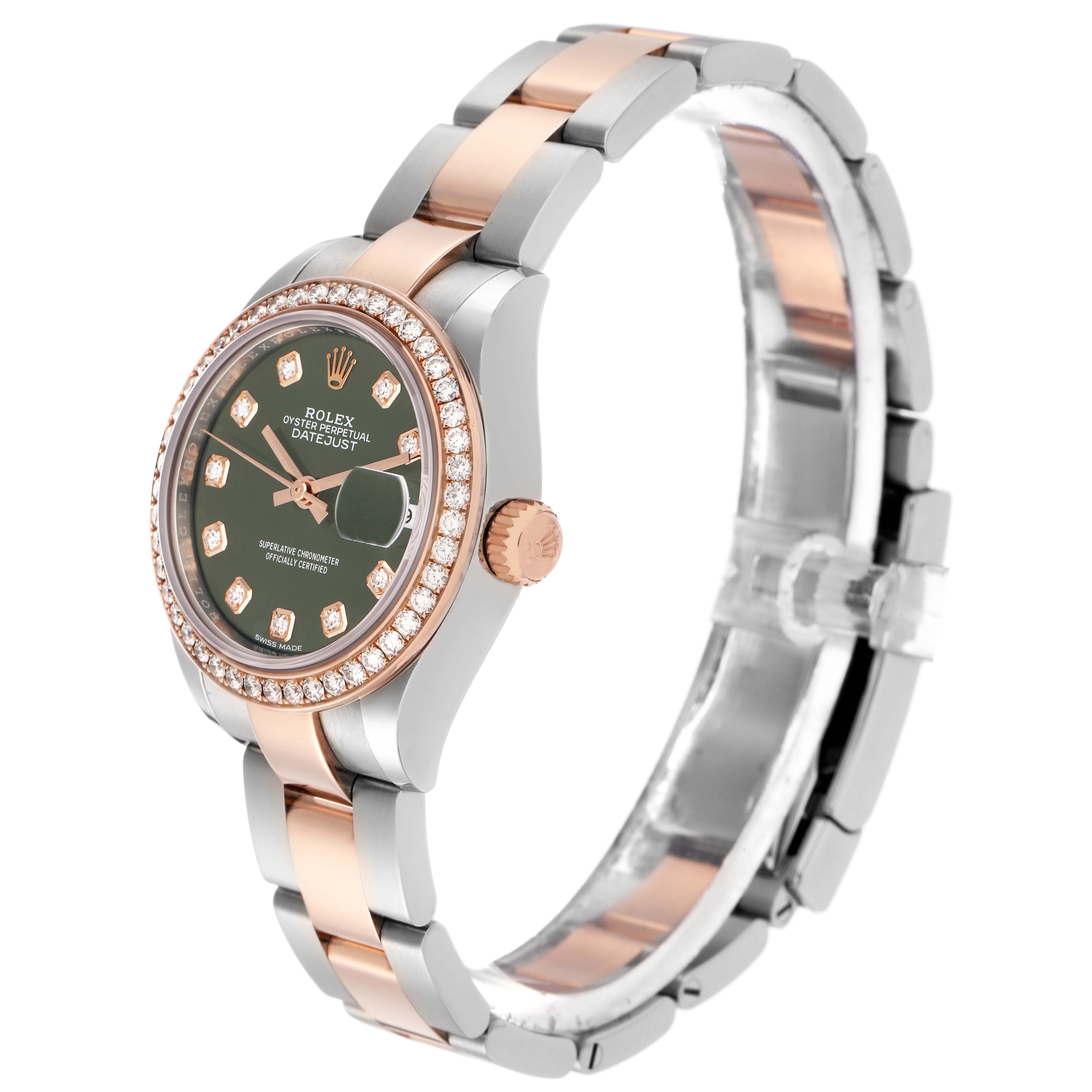 The Rolex Datejust 279381 Women's Steel and Gold (two tone) Green Dial 279381 Women's Steel and Gold (two tone) Green Dial watch is shown at a slight angle, displaying the face, bezel, crown, and part of the bracelet.