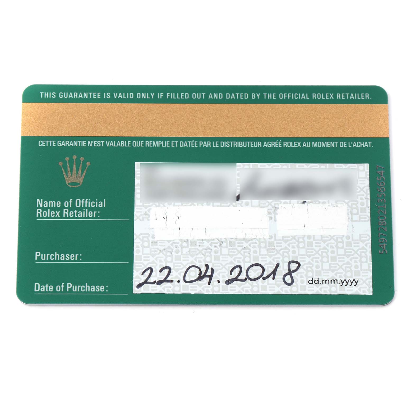 The image shows a guarantee card for a Rolex Datejust 279381 Women's Steel and Gold (two tone) Green Dial 279381 Women's Steel and Gold (two tone) Green Dial, displaying purchase details and retailer information.