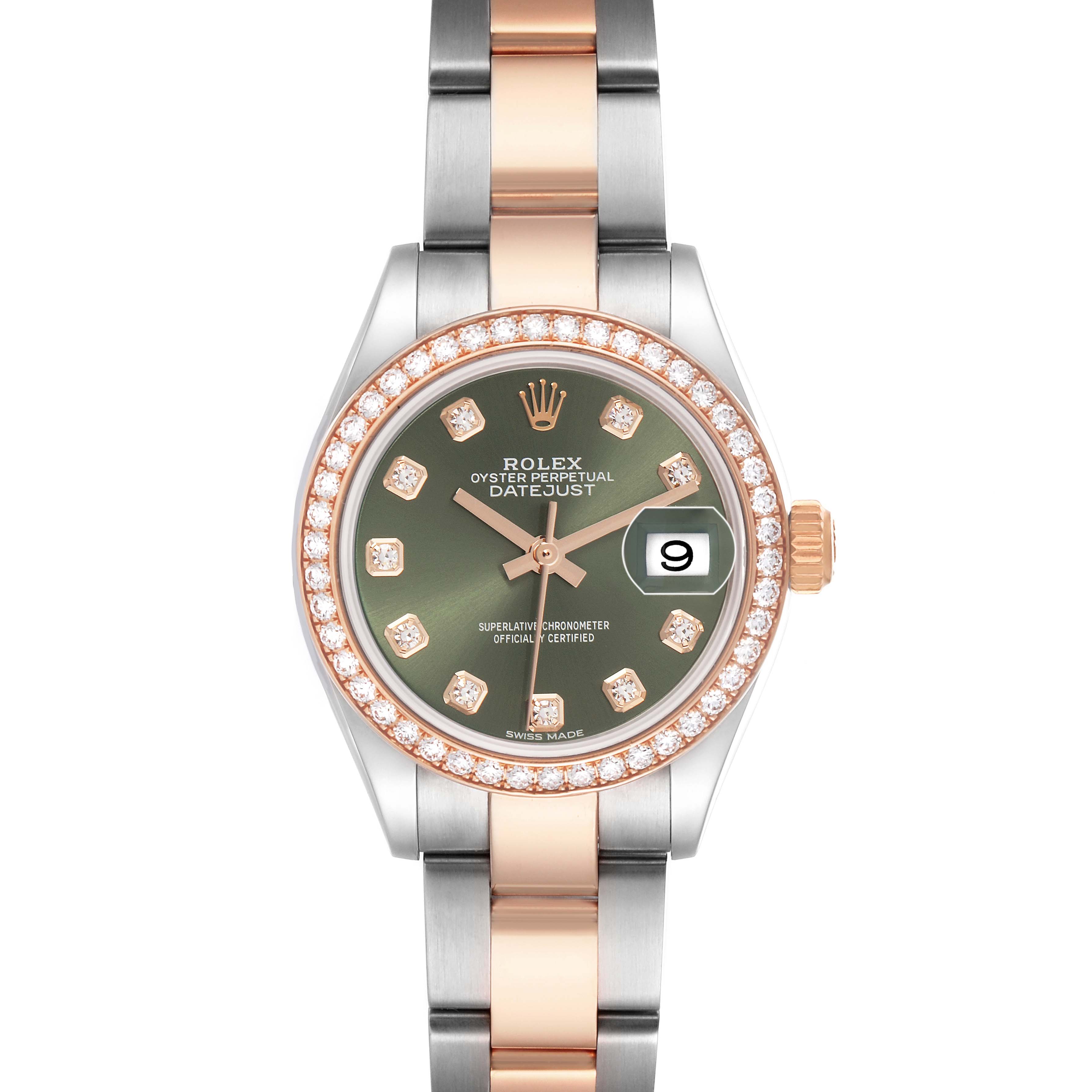 The Rolex Datejust 279381 Women's Steel and Gold (two tone) Green Dial 279381 Women's Steel and Gold (two tone) Green Dial watch is shown from a top-down angle, displaying the face, bezel, and part of the bracelet.