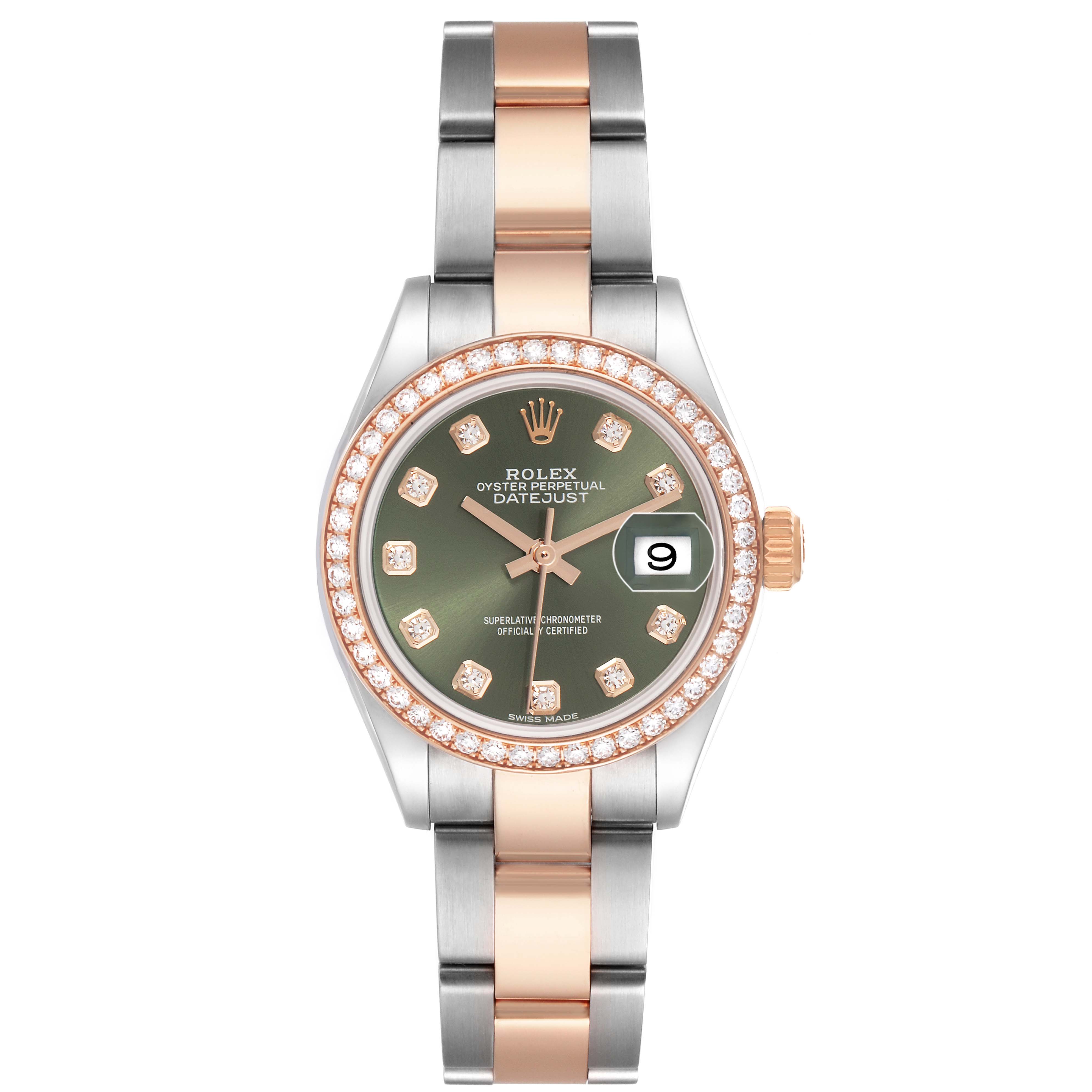 The Rolex Datejust 279381 Women's Steel and Gold (two tone) Green Dial 279381 Women's Steel and Gold (two tone) Green Dial watch is shown from a front view, highlighting its bezel, dial, bracelet, and date display.