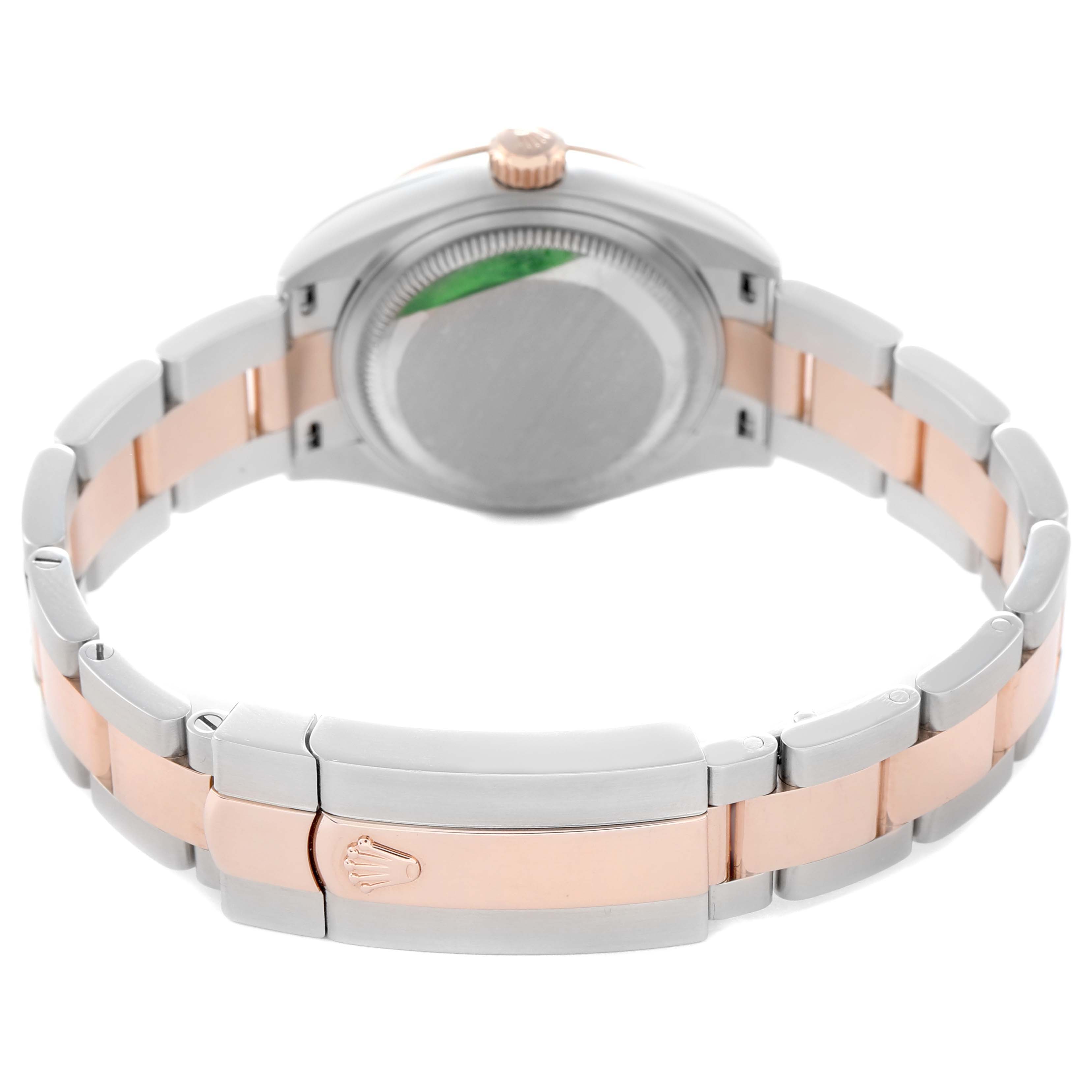 The image shows the back view of a Rolex Datejust 279381 Women's Steel and Gold (two tone) Green Dial 279381 Women's Steel and Gold (two tone) Green Dial, highlighting the bracelet, clasp, and case back.