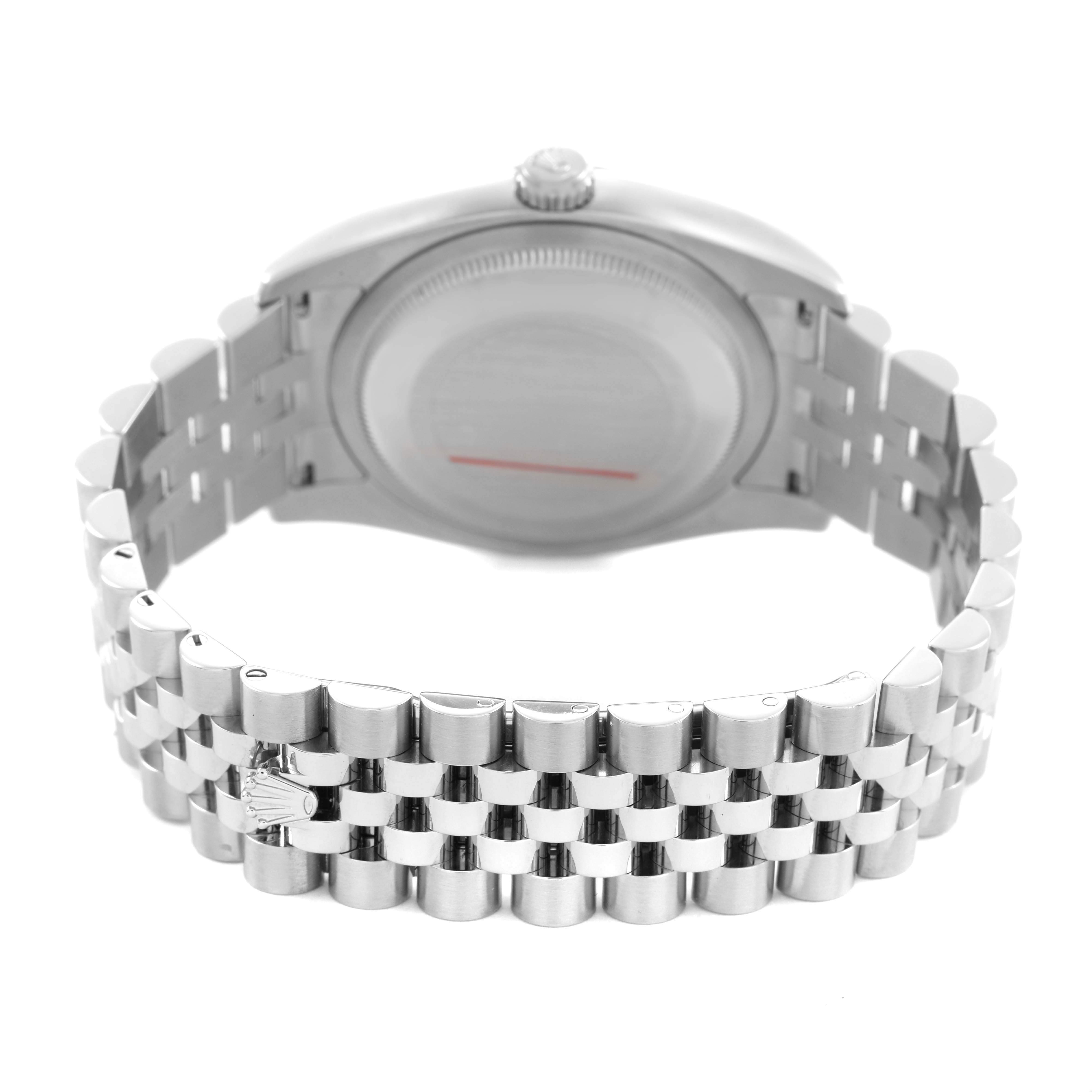 The image shows the back of a Rolex Datejust 116234 Men's Stainless Steel Black Dial watch, focusing on the case back and Jubilee bracelet.