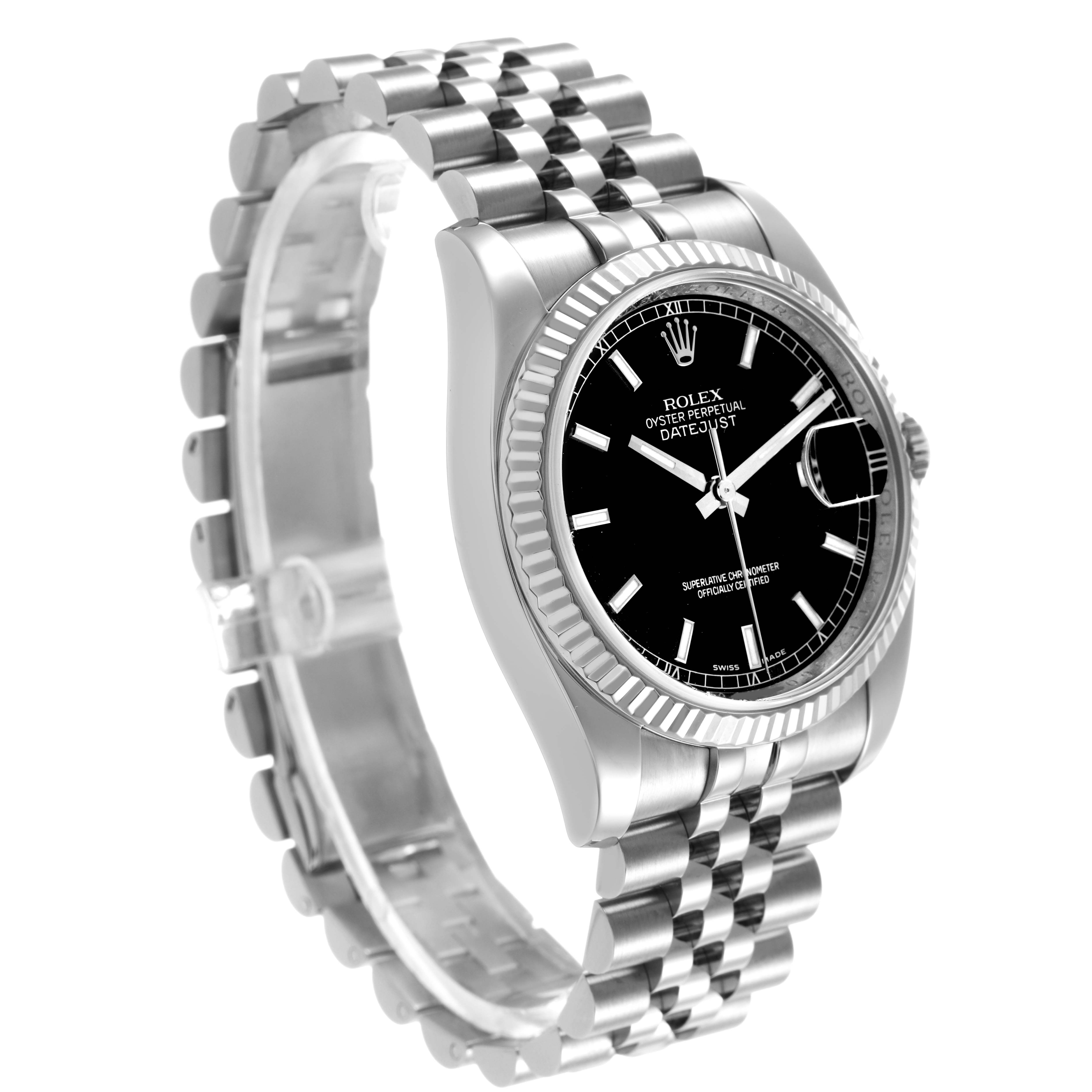 The Rolex Datejust 116234 Men's Stainless Steel Black Dial watch is shown at a three-quarter angle, highlighting the bezel, dial, and bracelet.