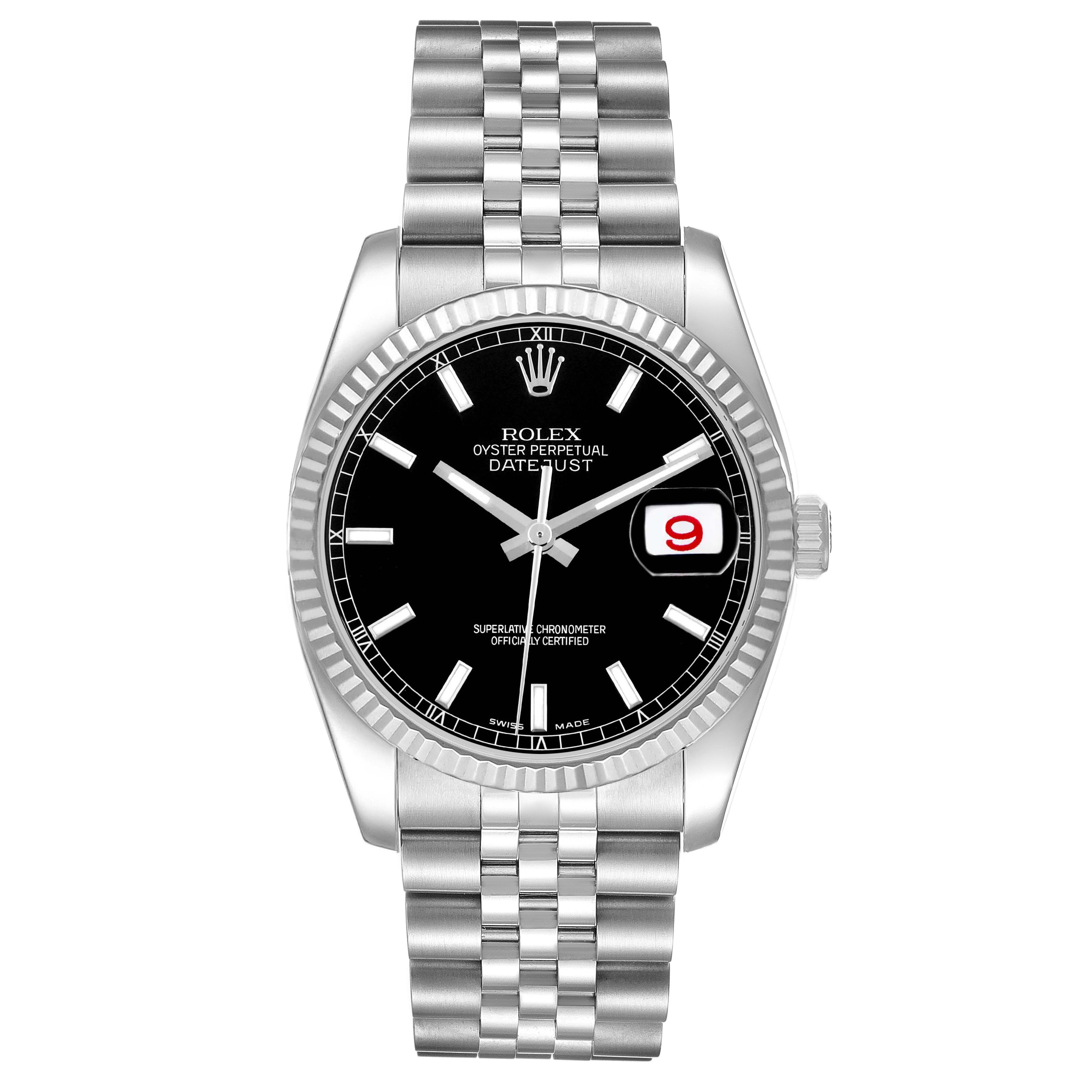 The Rolex Datejust 116234 Men's Stainless Steel Black Dial watch is shown from the front, highlighting its face, bezel, bracelet, and date window.