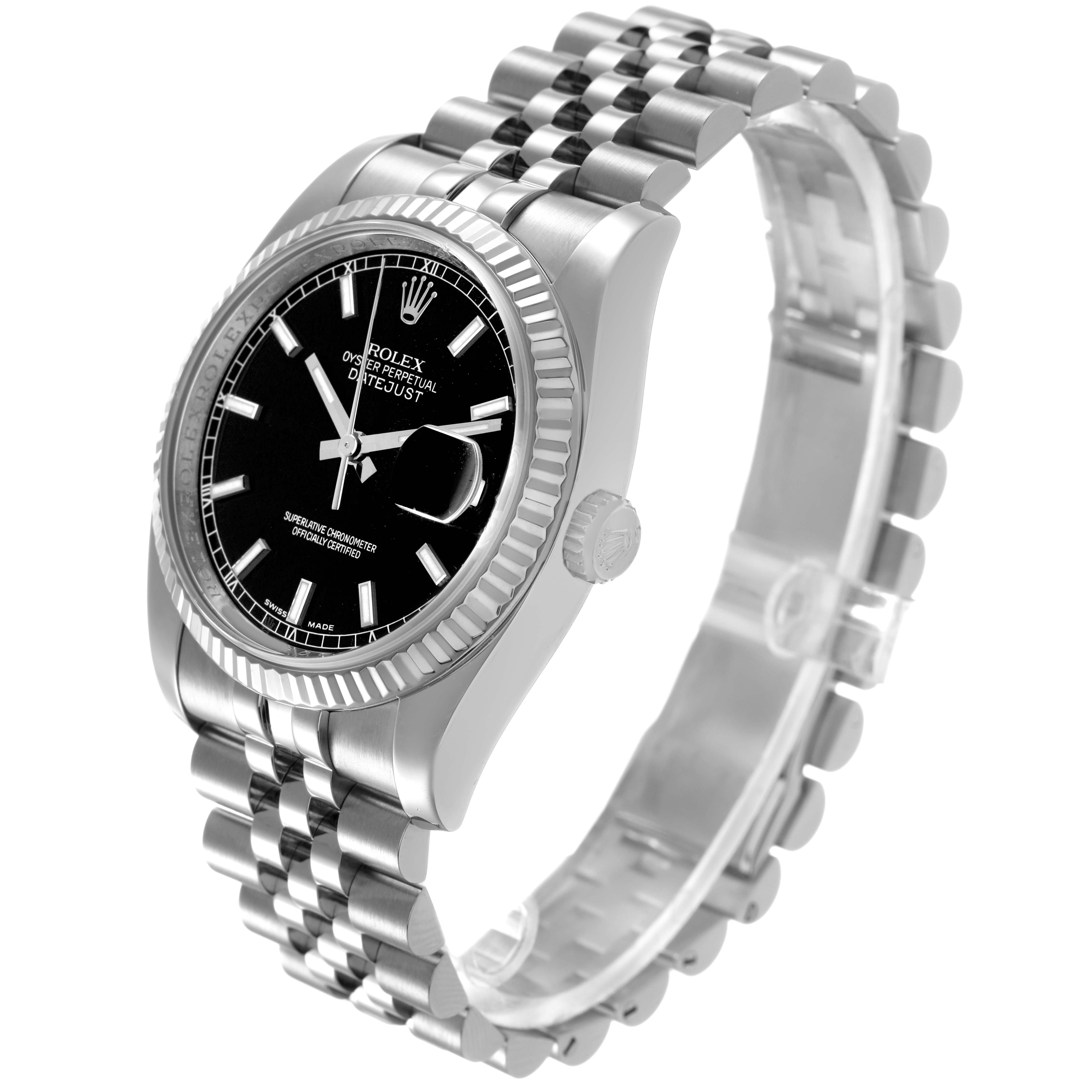The Rolex Datejust 116234 Men's Stainless Steel Black Dial watch is shown at an angled side view, displaying the case, bezel, and bracelet.