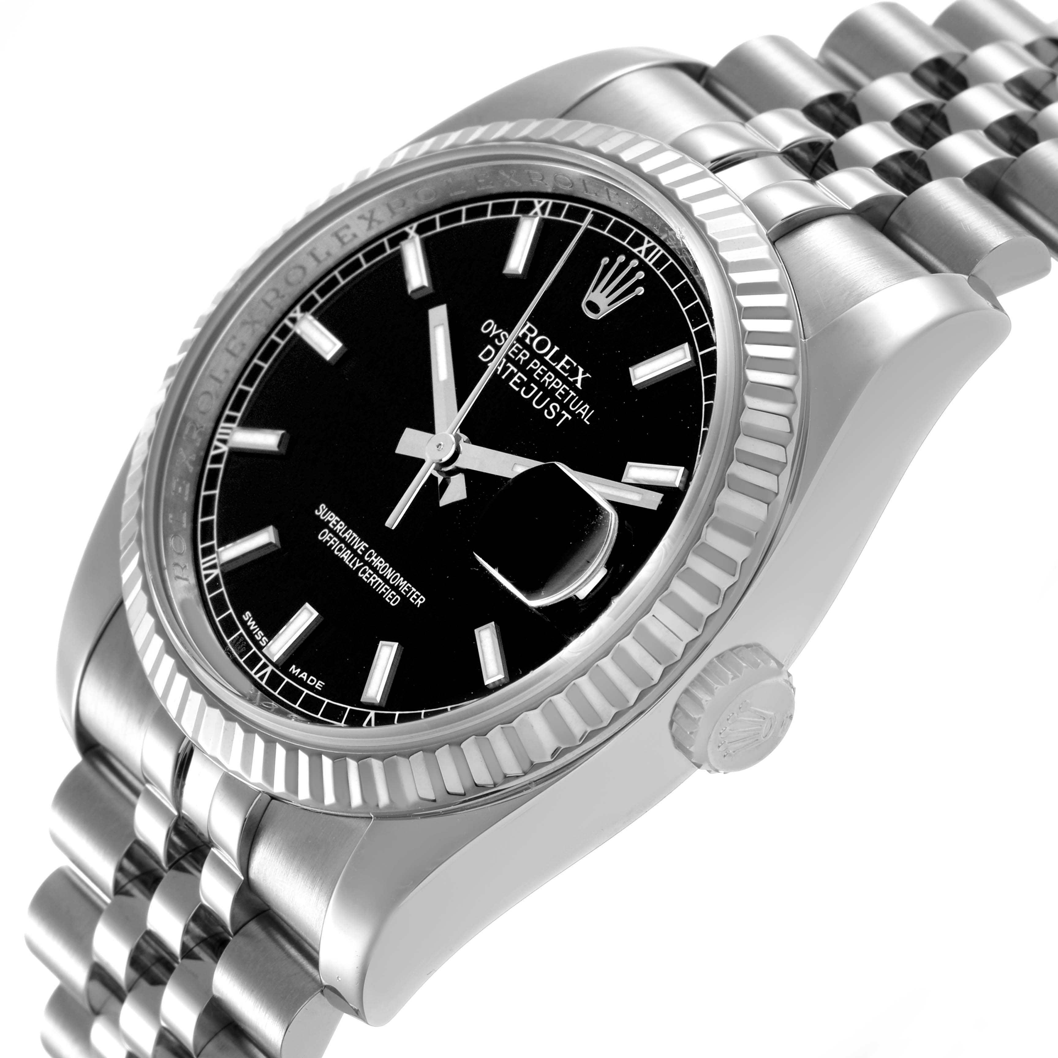 The Rolex Datejust 116234 Men's Stainless Steel Black Dial watch is shown at a slight angle, highlighting the black dial, fluted bezel, and jubilee bracelet.