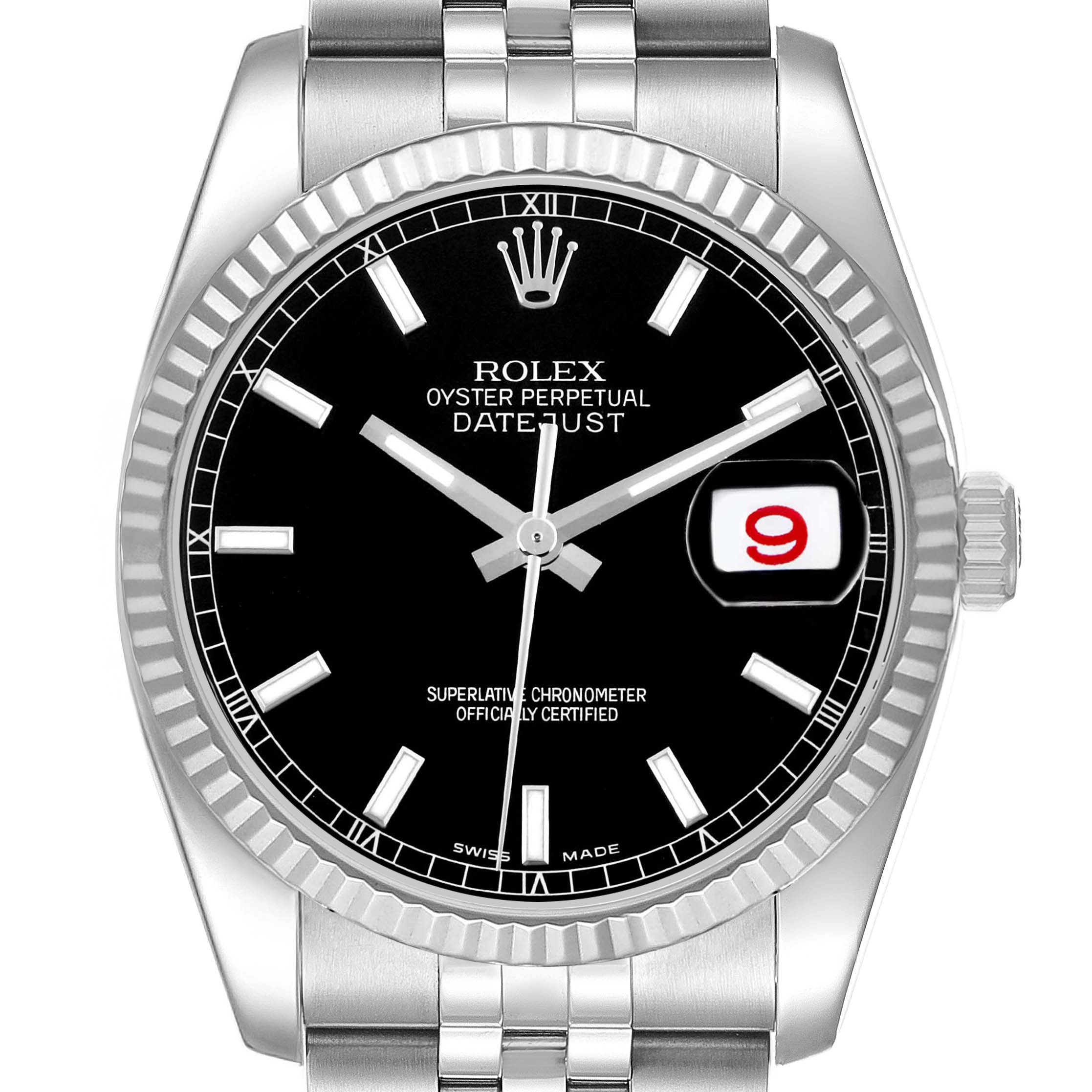 The image shows a frontal view of the Rolex Datejust 116234 Men's Stainless Steel Black Dial, highlighting its bezel, dial, hands, and bracelet.