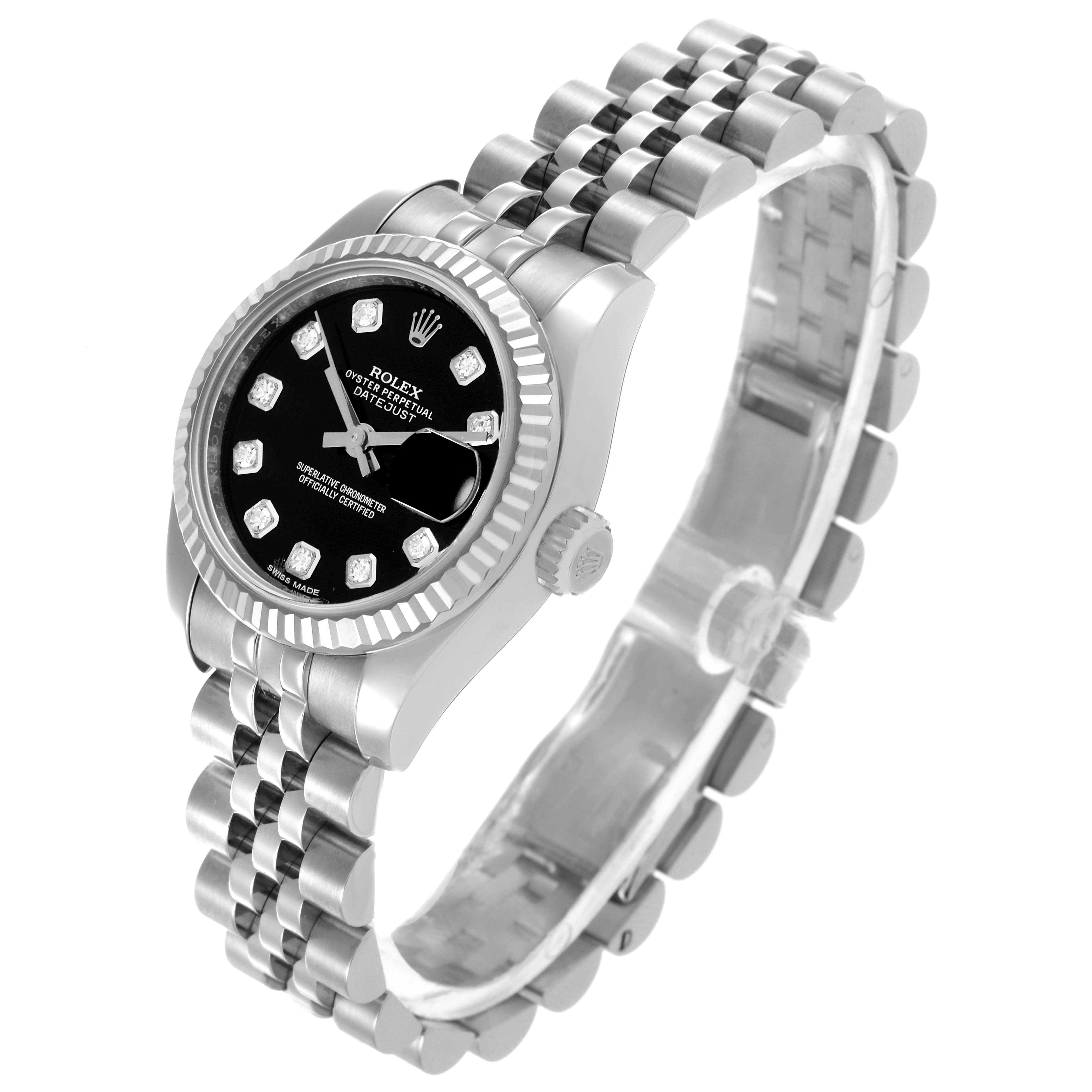 The Rolex Datejust 179174 Women
s Stainless Steel Black Dial 179174 Women
s Stainless Steel Black Dial watch is shown at a slight angle, highlighting the black dial, fluted bezel, and Jubilee bracelet.