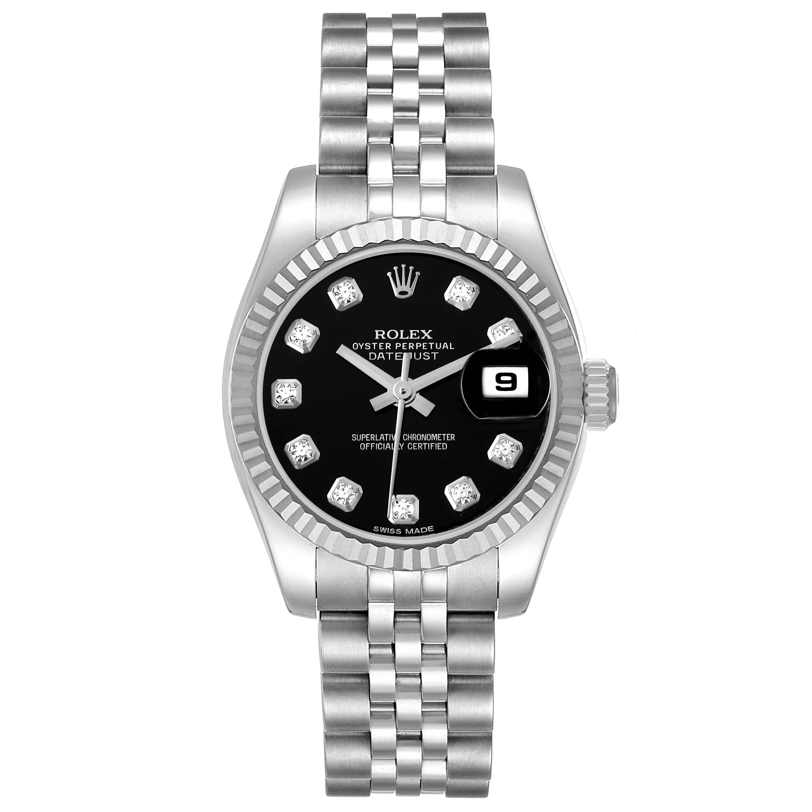 The Rolex Datejust 179174 Women
s Stainless Steel Black Dial 179174 Women
s Stainless Steel Black Dial watch is shown from a top-down angle, featuring its black dial, date display, and Jubilee bracelet.